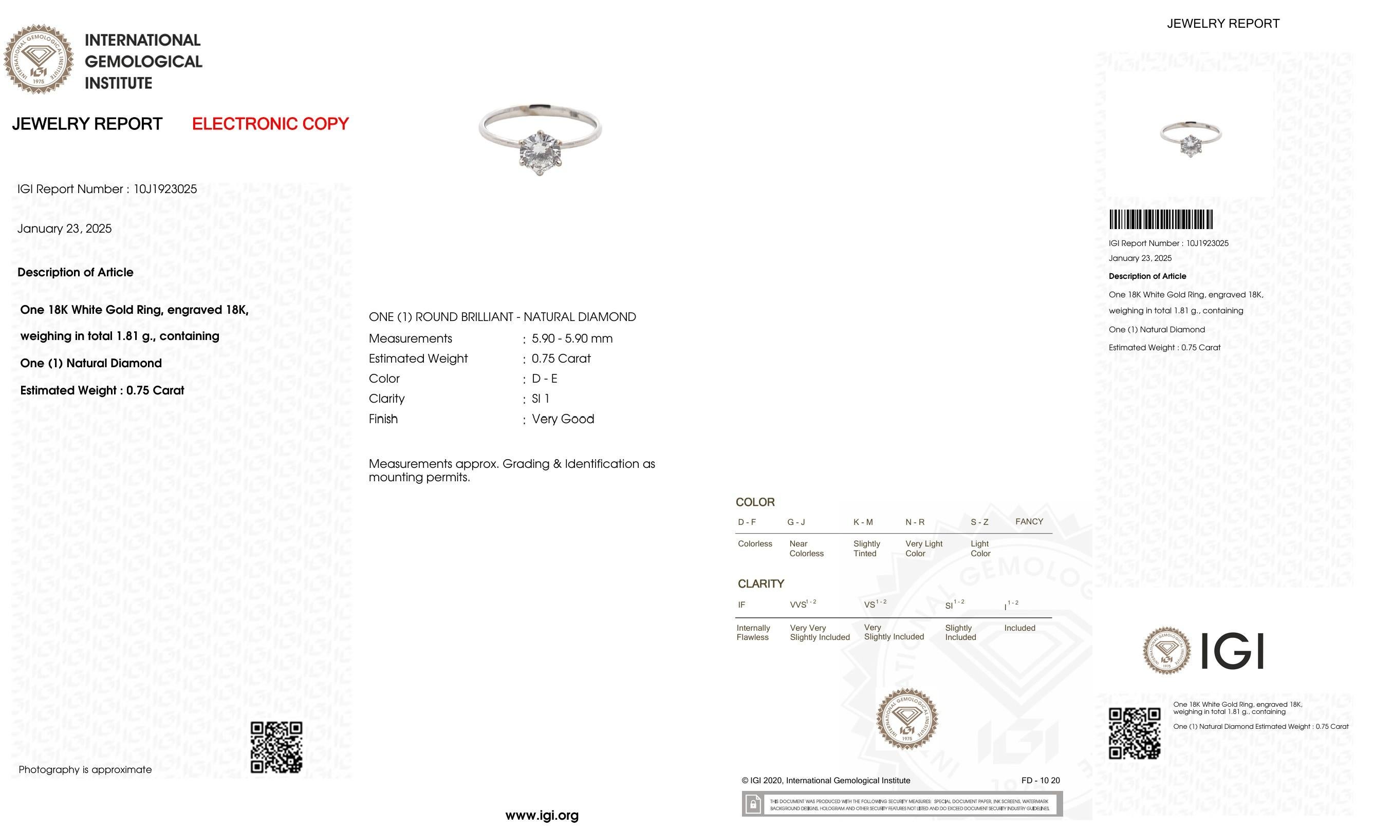 0.75ct Natural Diamond Engagement Ring 18K White Gold – IGI Certified gift For Sale 7