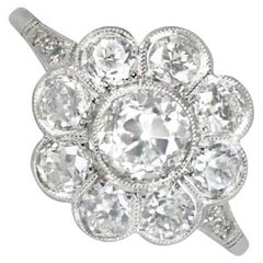 Bague de fiançailles en platine avec diamant taille européenne ancienne de 0,75 carat, couleur H, halo de diamants