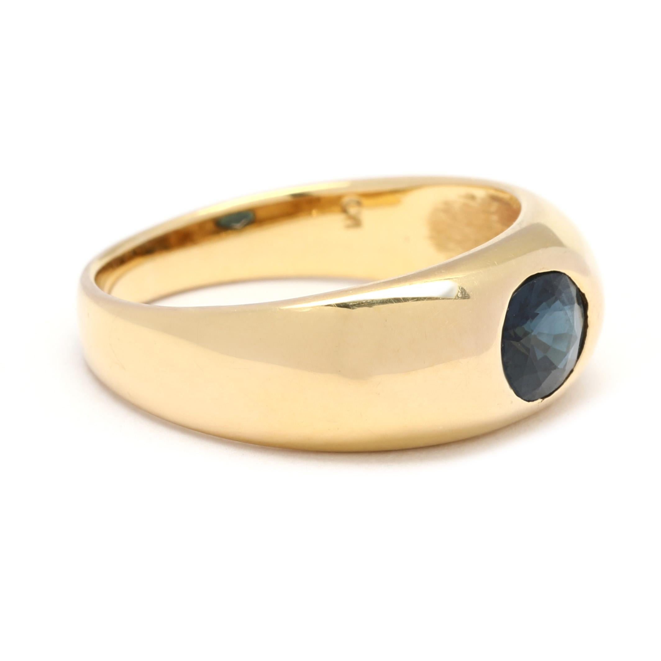Make sure your jewelry sparkles and stands out! This rustic-style 0.75ct oval blue sapphire ring is the perfect accessory for any occasion. Crafted from 18K yellow gold, the flush set sapphire band is horizontal and cozy with a brilliant emerald cut