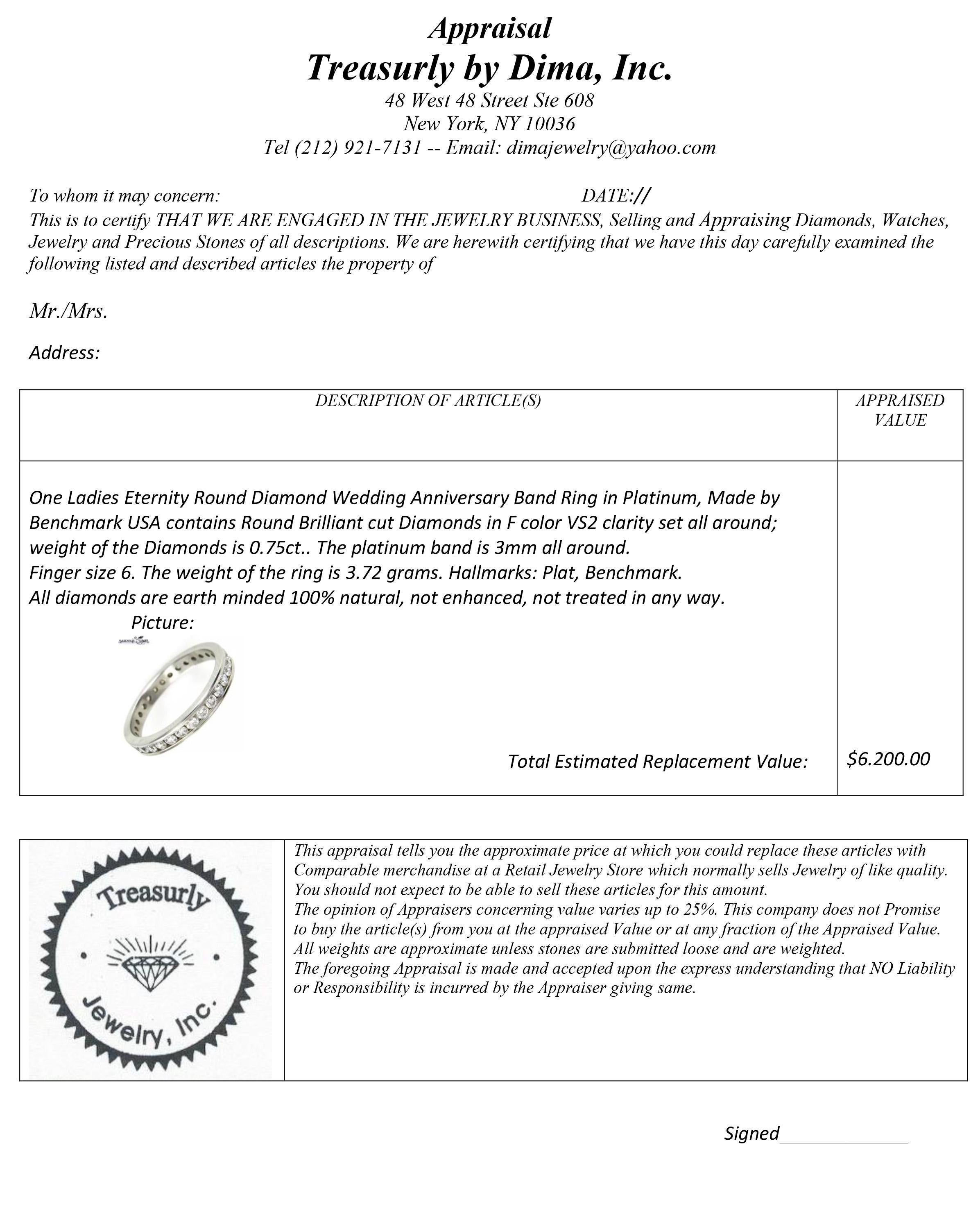Bague d'éternité d'anniversaire de mariage en platine avec diamant rond de 0,75 carat en vente 4
