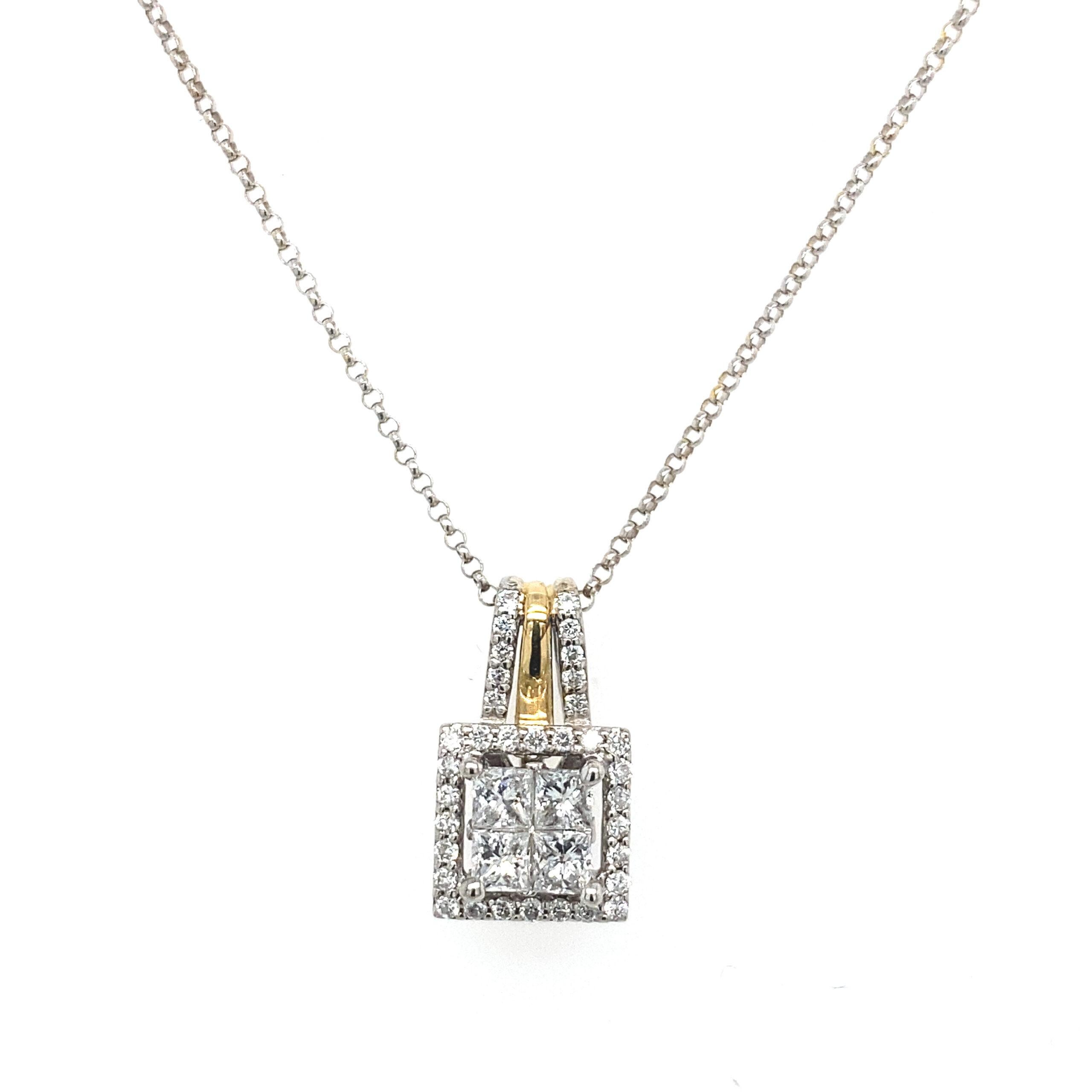 0.75ct Princess Cut & Round Brilliant Cut Diamond Pendant Set in 14ct White Gold with Yellow Gold Accent on a Pendant Loop.

Additional Information:
Total Diamond Weight: 0.75ct
Diamond Colour: G/H
Diamond Clarity: SI
Total Weight: 3.7g 
Chain