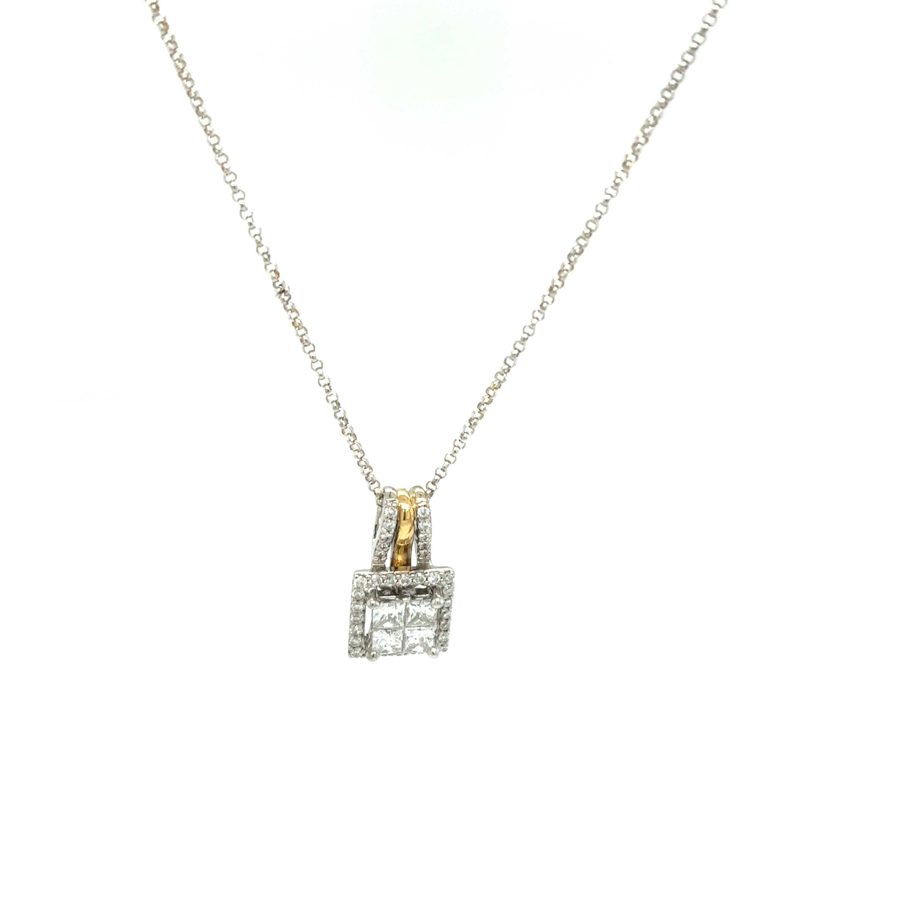 0.75ct Princess Cut & Round Brilliant Cut Diamond Pendant Set in 14ct White Gold In Excellent Condition For Sale In London, GB