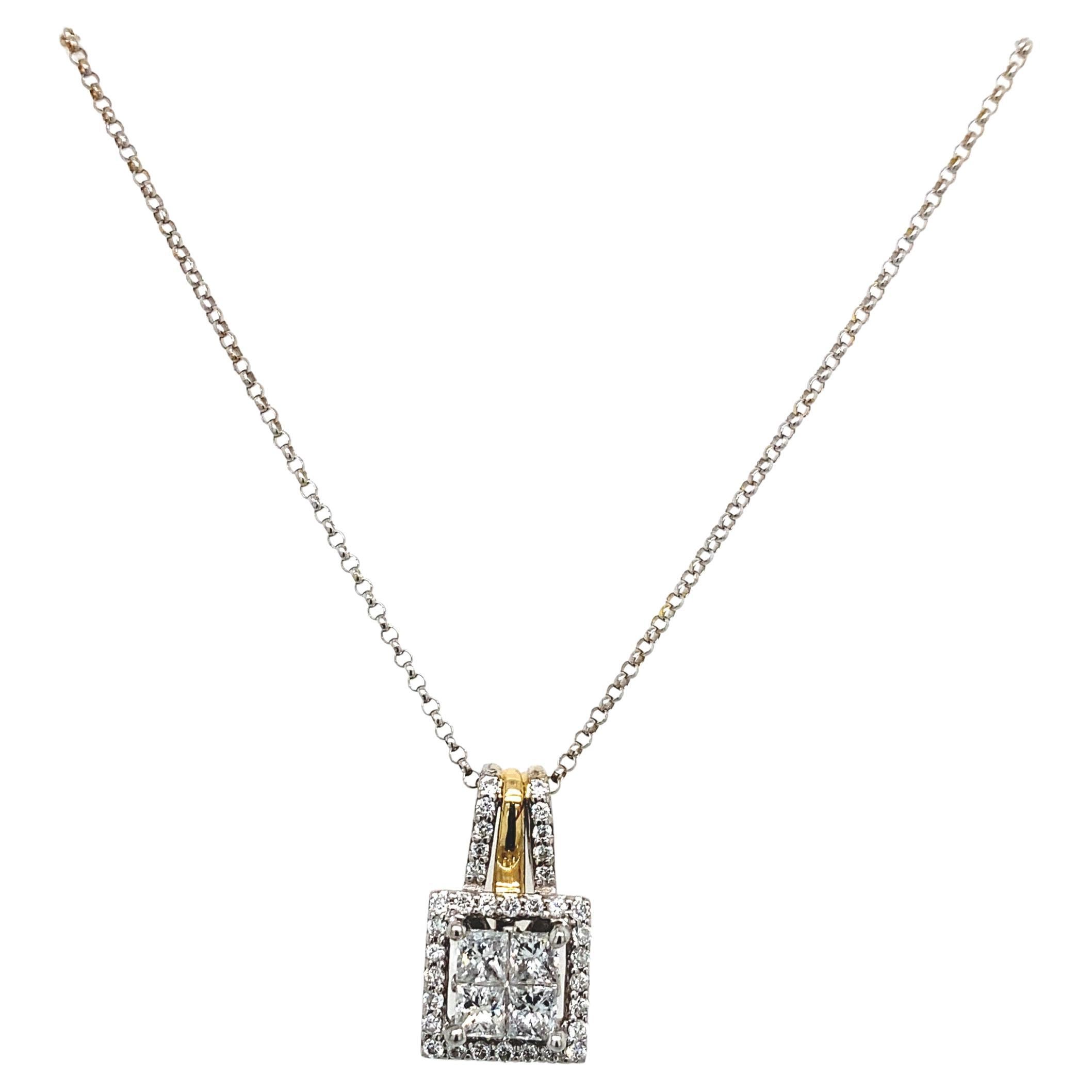 0.75ct Princess Cut & Round Brilliant Cut Diamond Pendant Set in 14ct White Gold For Sale