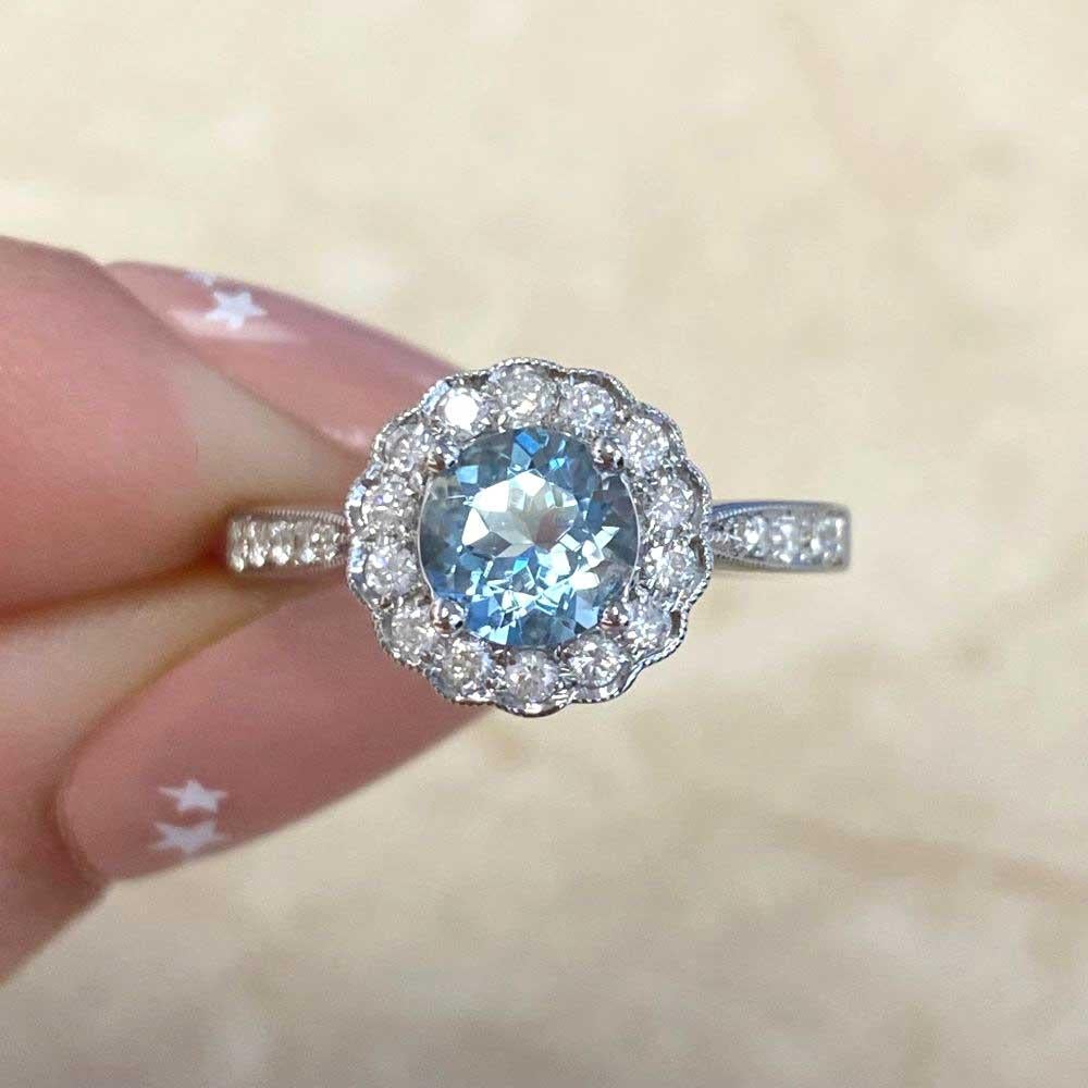 0.75ct Round Cut Natural Aquamarine Cluster Ring, Diamond Halo, 18k White Gold For Sale 5