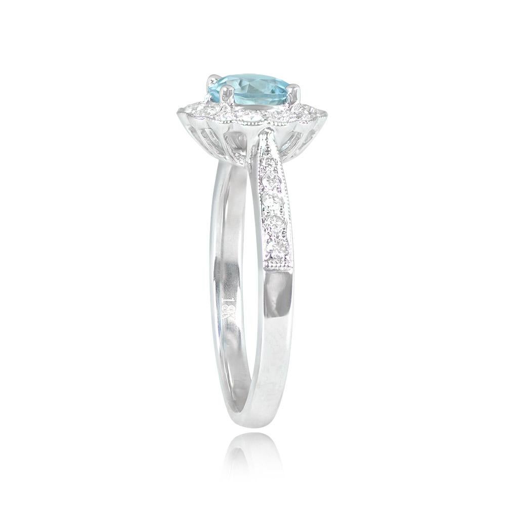 Art Deco 0.75ct Round Cut Natural Aquamarine Cluster Ring, Diamond Halo, 18k White Gold For Sale