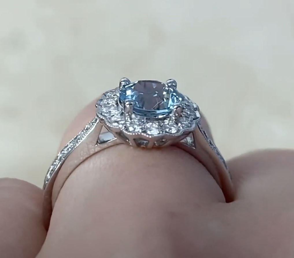 0.75ct Round Cut Natural Aquamarine Cluster Ring, Diamond Halo, 18k White Gold For Sale 3
