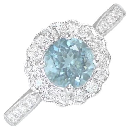 0.75ct Round Cut Natural Aquamarine Cluster Ring, Diamond Halo, 18k White Gold For Sale