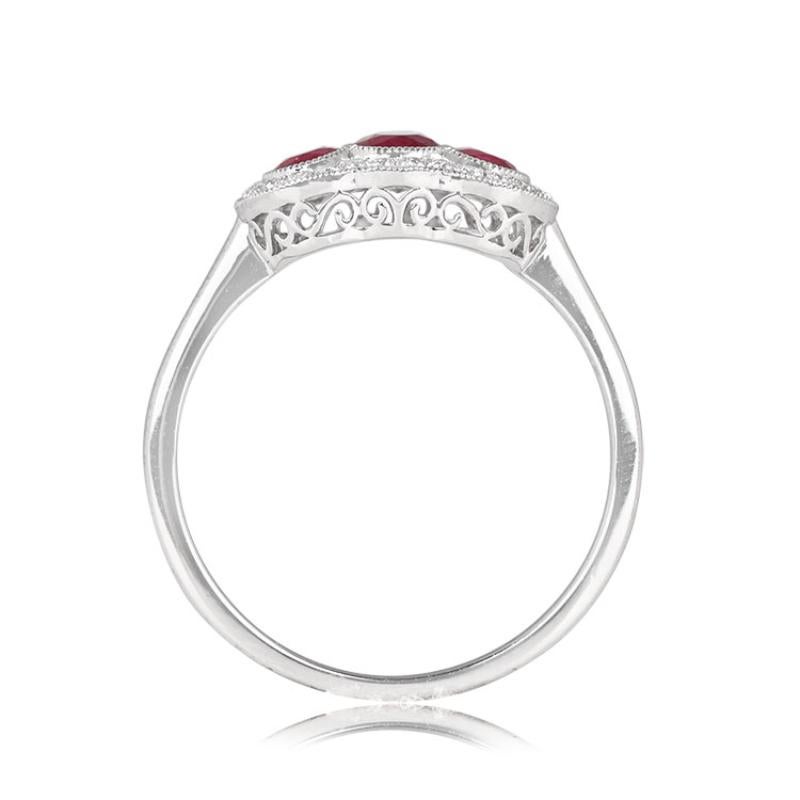Art Deco 0.75ct Three Stone Oval Cut Rubies Cocktail Ring, Diamond Halo, Platinum For Sale