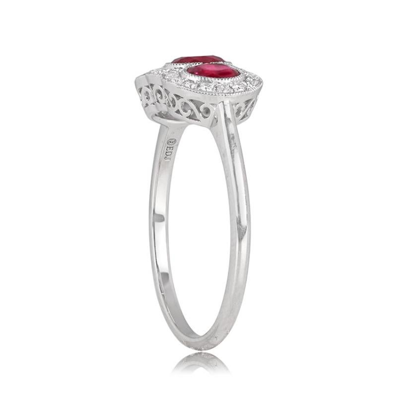 0.75ct Three Stone Oval Cut Rubies Cocktail Ring, Diamond Halo, Platinum In Excellent Condition For Sale In New York, NY
