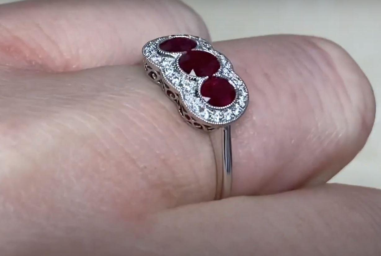 0.75ct Three Stone Oval Cut Rubies Cocktail Ring, Diamond Halo, Platinum For Sale 2