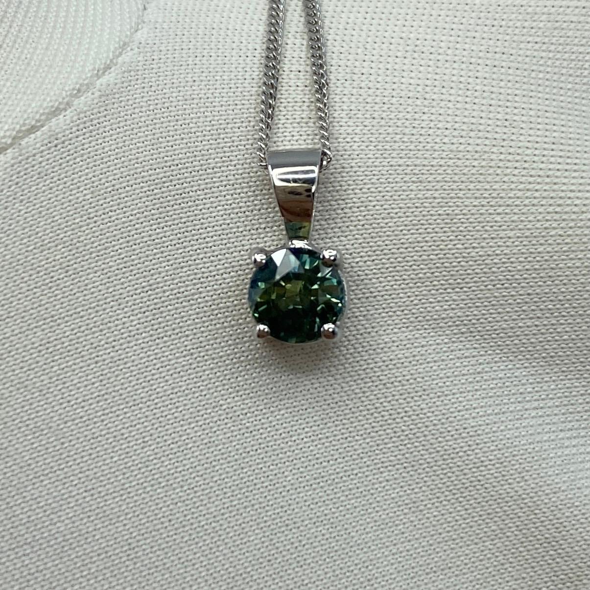 Round Cut 0.75ct Untreated Parti Colour Blue Green Sapphire Round 18k White Gold Pendant For Sale