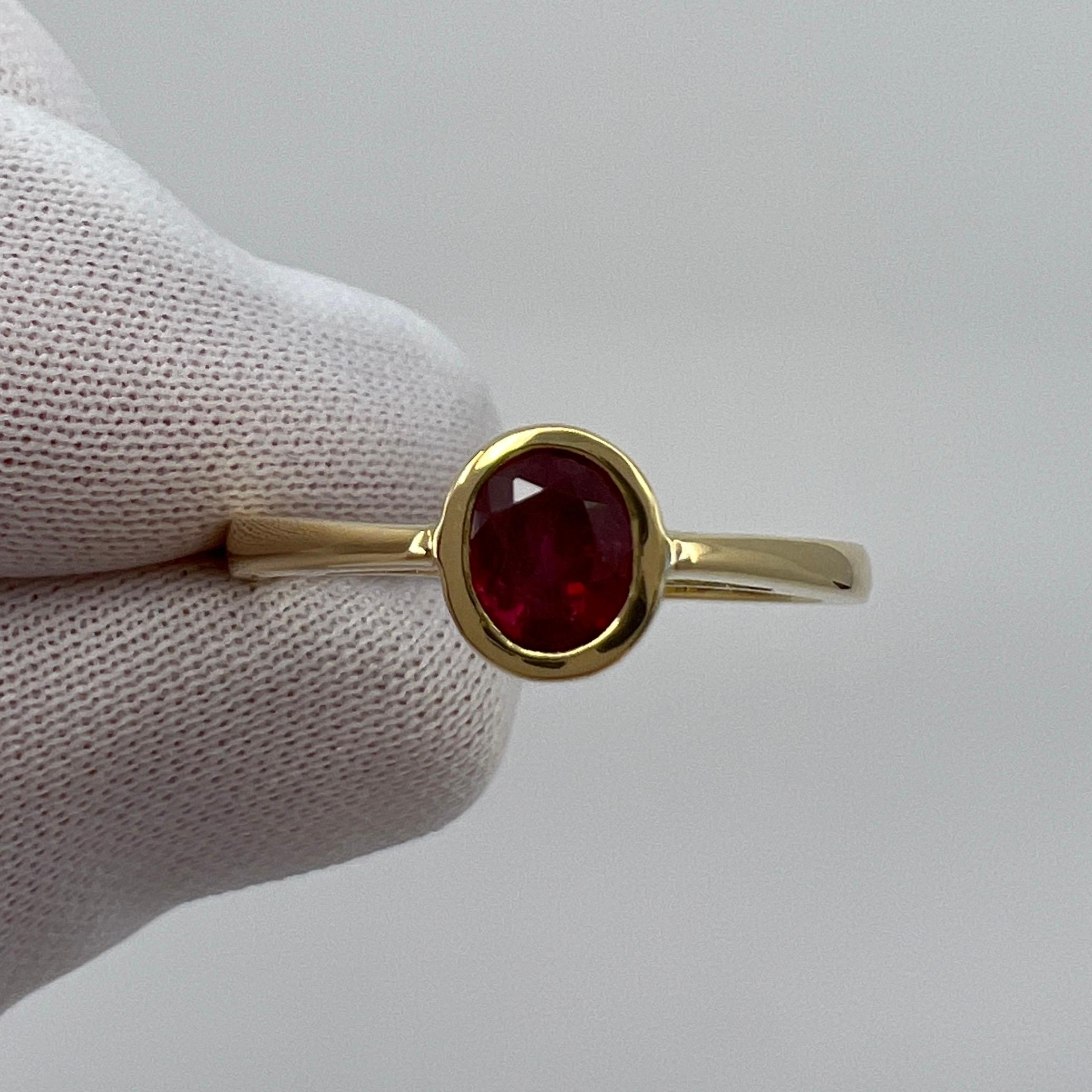 0.75ct Vivid Red Ruby Oval Cut 18k Yellow Gold Bezel Rubover Solitaire Ring For Sale 5