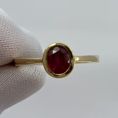 0.75ct Vivid Red Ruby Oval Cut 18k Yellow Gold Bezel Rubover Solitaire Ring