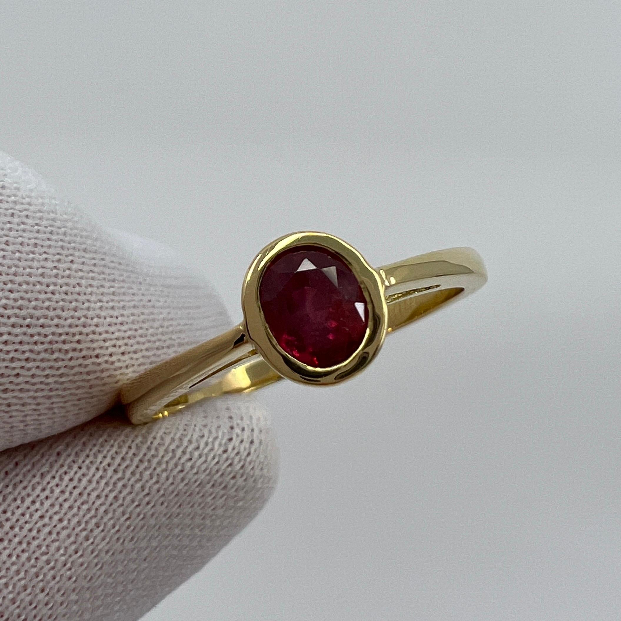 0.75ct Vivid Red Ruby Oval Cut 18k Yellow Gold Bezel Rubover Solitaire Ring For Sale 1