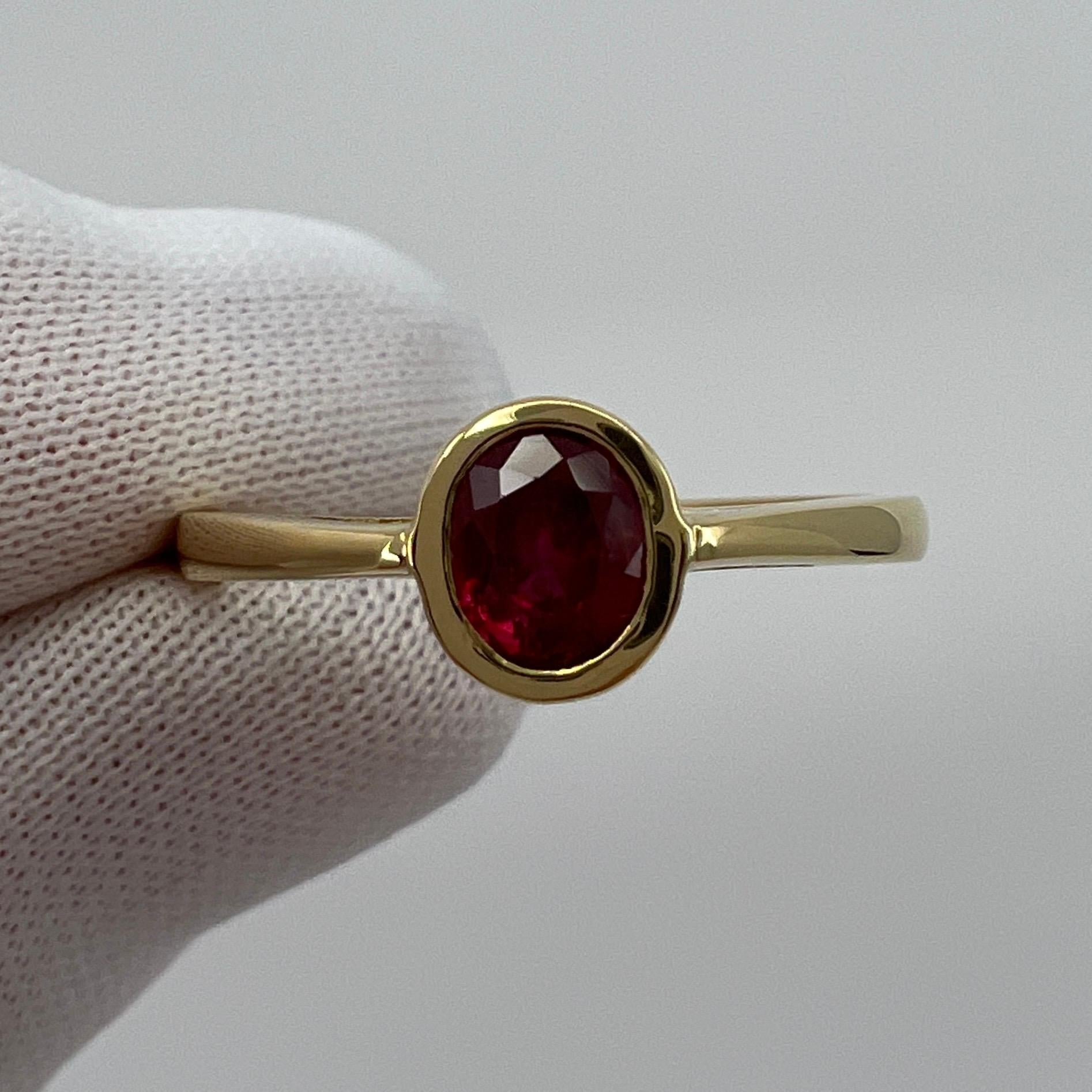 0.75ct Vivid Red Ruby Oval Cut 18k Yellow Gold Bezel Rubover Solitaire Ring For Sale 4
