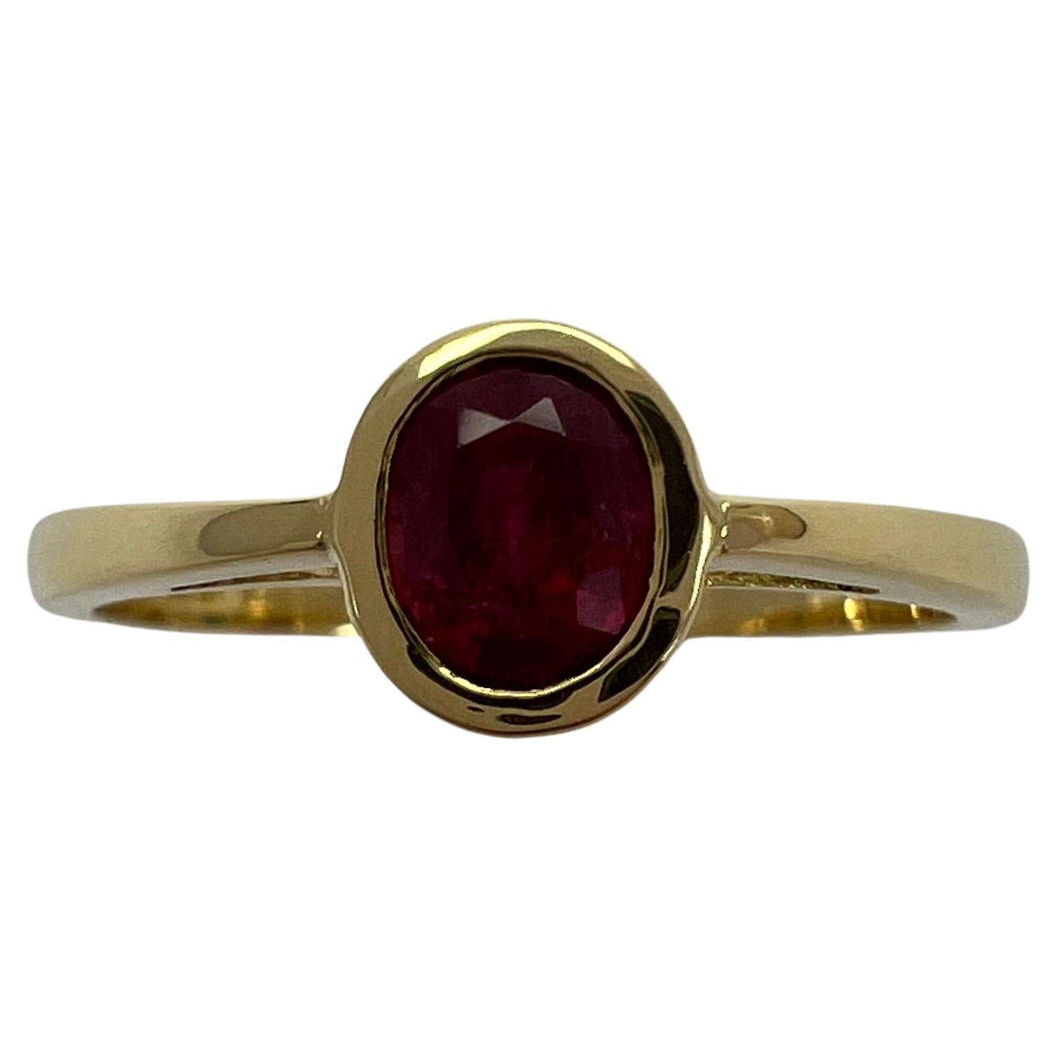 0.75ct Vivid Red Ruby Oval Cut 18k Yellow Gold Bezel Rubover Solitaire Ring For Sale