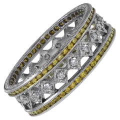 Alliance en platine avec diamant jaune de 0,75 carat et diamant blanc de 0,30 carat, couleur H
