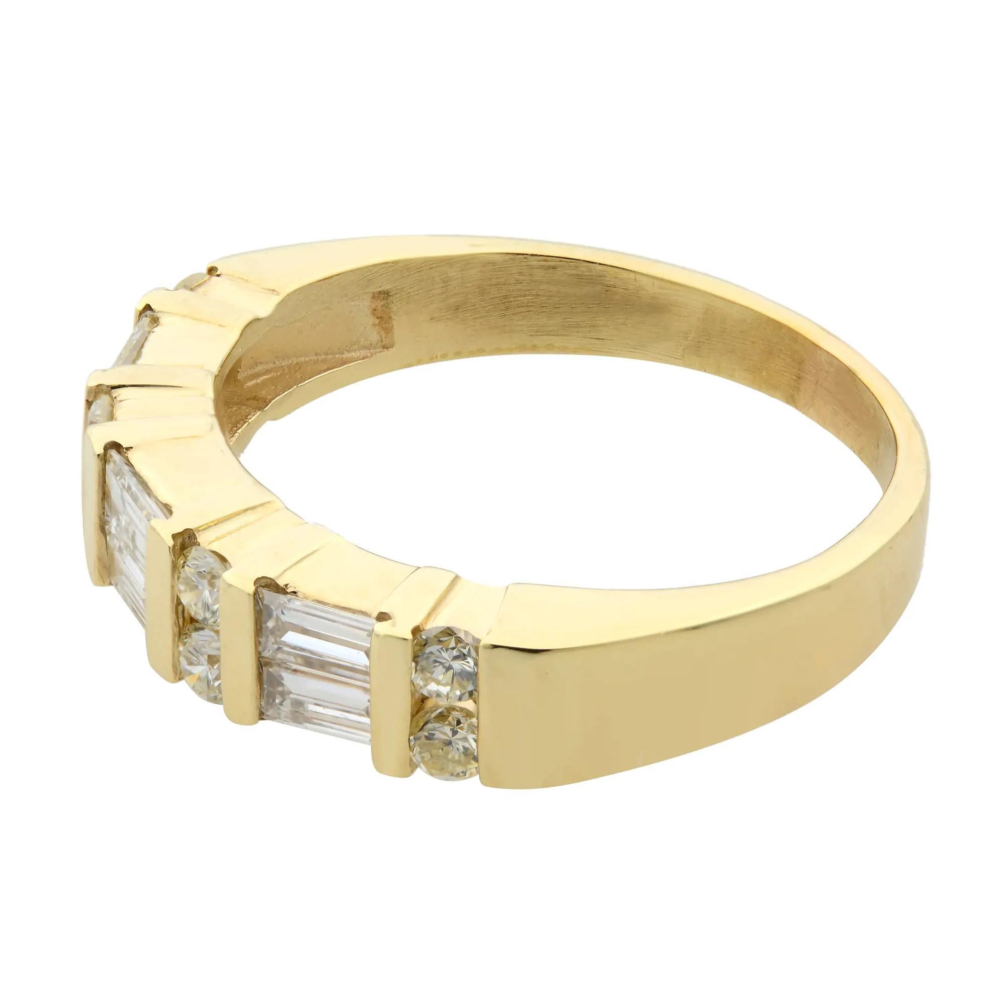 Baguette Cut 0.75 Cttw Baguette and Round Cut Diamond Band Ring 14K Yellow Gold For Sale