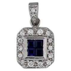 0.75ctw Blue Sapphire Diamond Halo Pendant 18k White Gold Small Drop