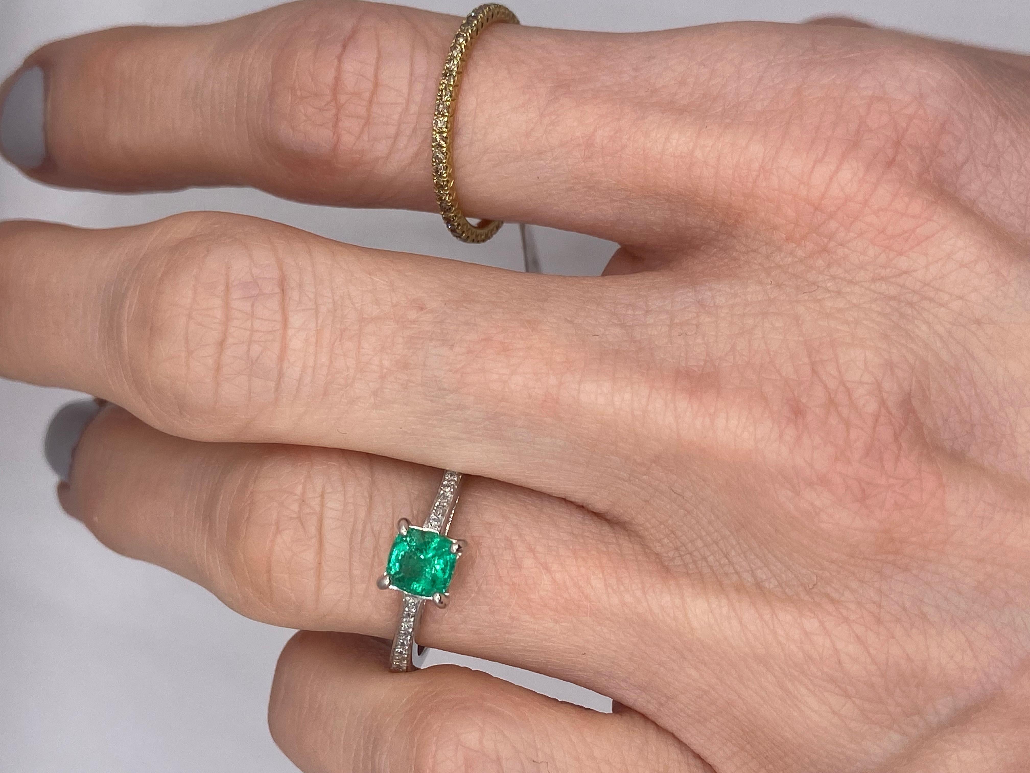 Cushion Cut 0.75ctw Cushion Emerald & Round Diamond Petite Ring in 14KT White Gold For Sale