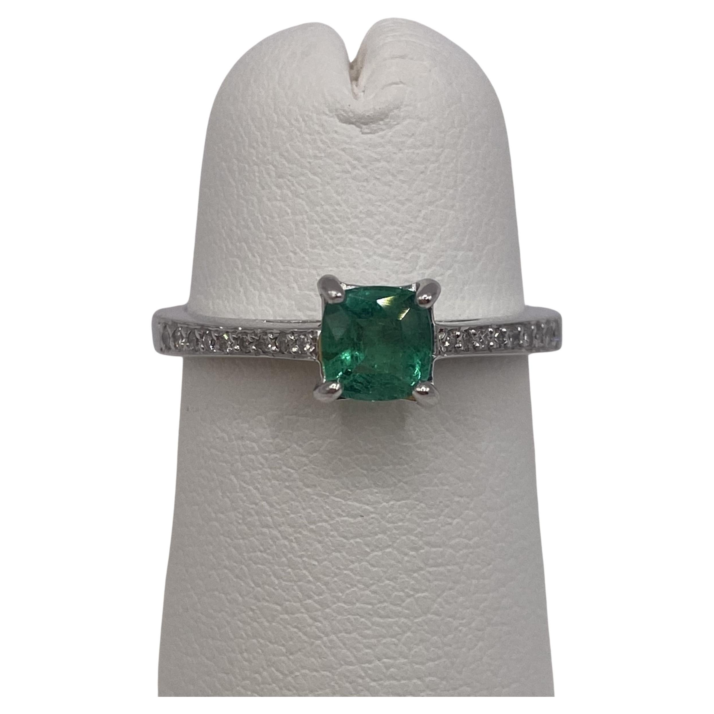 0.75ctw Cushion Emerald & Round Diamond Petite Ring in 14KT White Gold For Sale