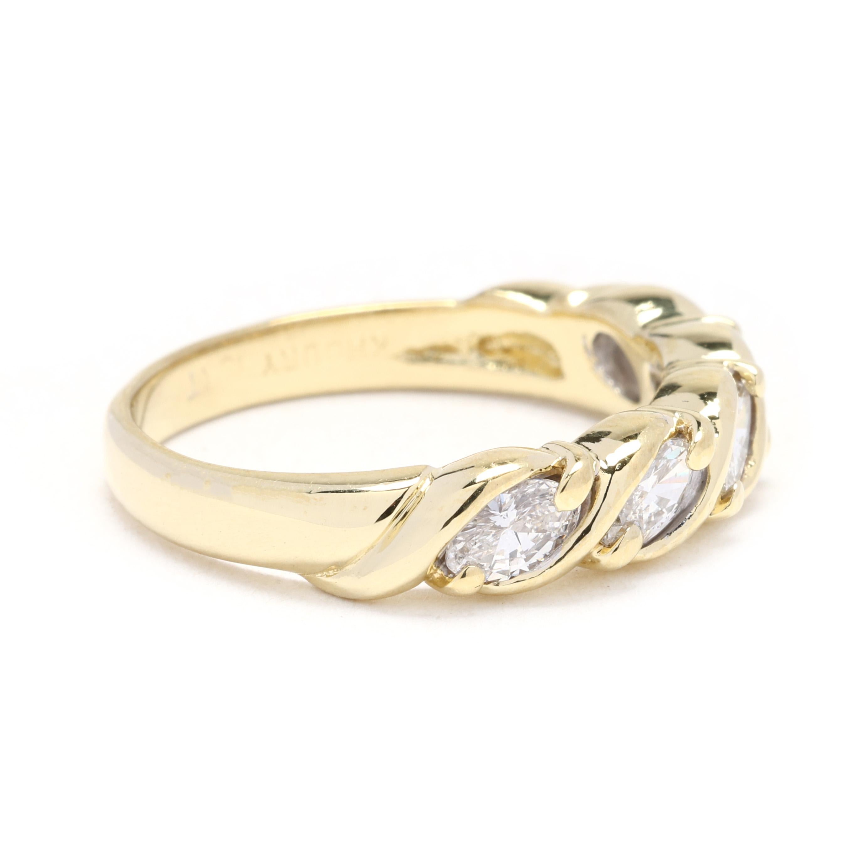 This timeless band ring is crafted with 18k yellow gold and features a stunning display of marquise-cut diamonds. With a total carat weight of 0.75, the diamonds are prong-set to ensure maximum brilliance and sparkle. The ring has a sleek and