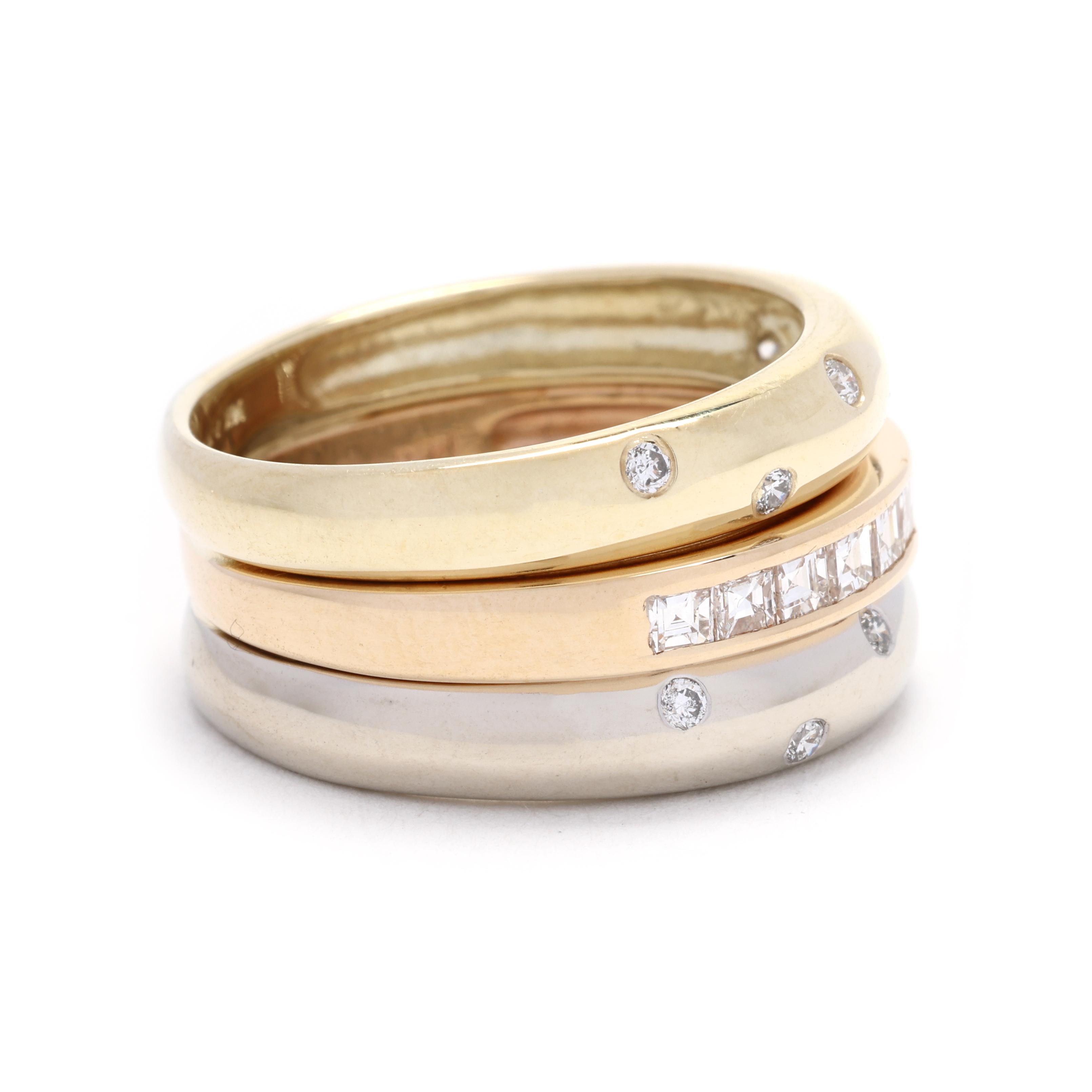 Elevate your jewelry collection with this stunning 0.75ctw Diamond and Multi Gold Stacked Band Ring. Crafted in luxurious 14k gold, this eye-catching ring features a unique stacked band design adorned with sparkling diamonds, creating a glamorous
