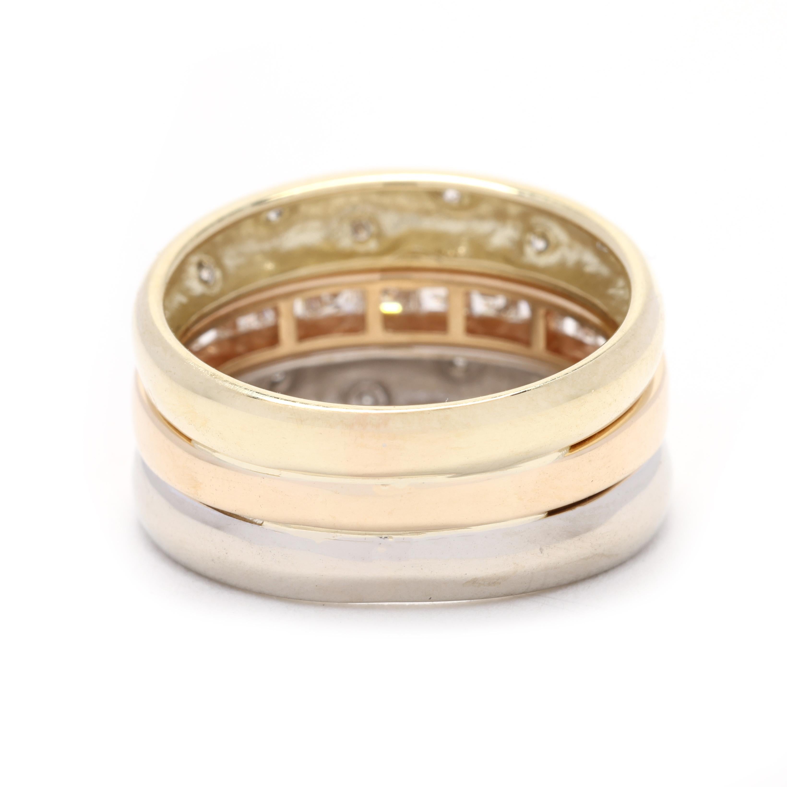 Round Cut 0.75ctw Diamond and Multi Gold Band Ring, Stacked Band, Ring Size 6, 14k Gold For Sale