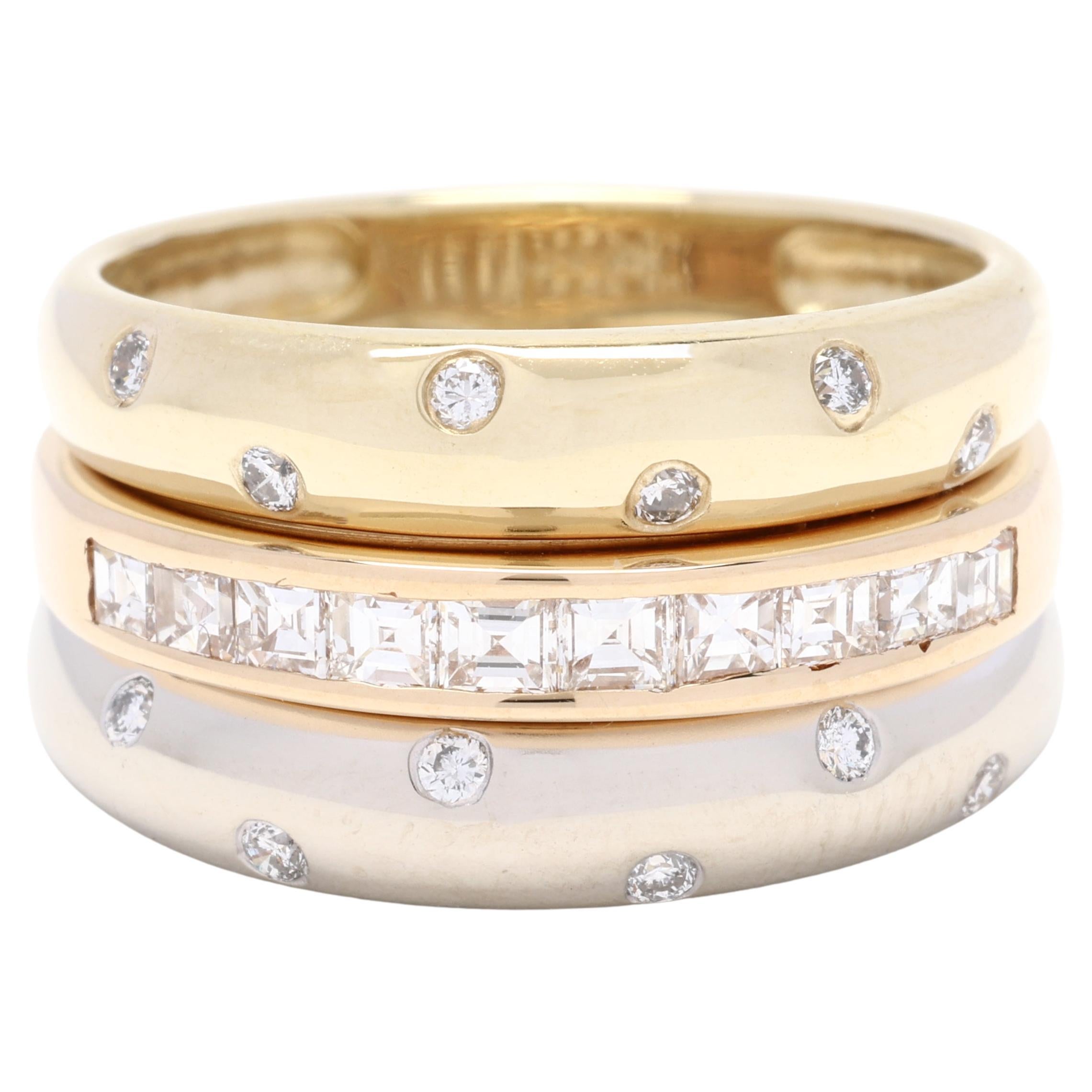 0.75ctw Diamond and Multi Gold Band Ring, Stacked Band, Ring Size 6, 14k Gold For Sale
