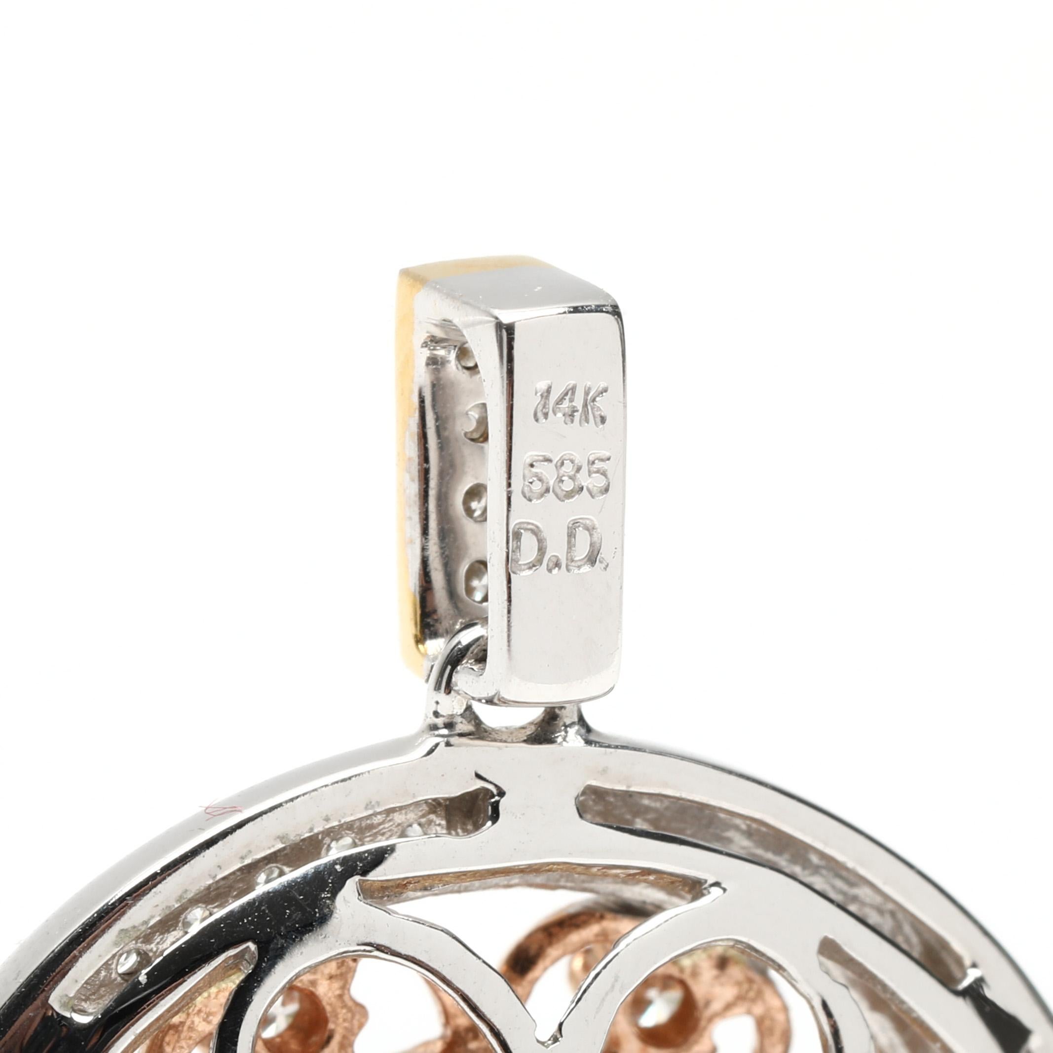 Round Cut 0.75ctw Diamond Cluster Flower Pendant, 14k Rose Yellow & White Gold, 1.25 In. For Sale