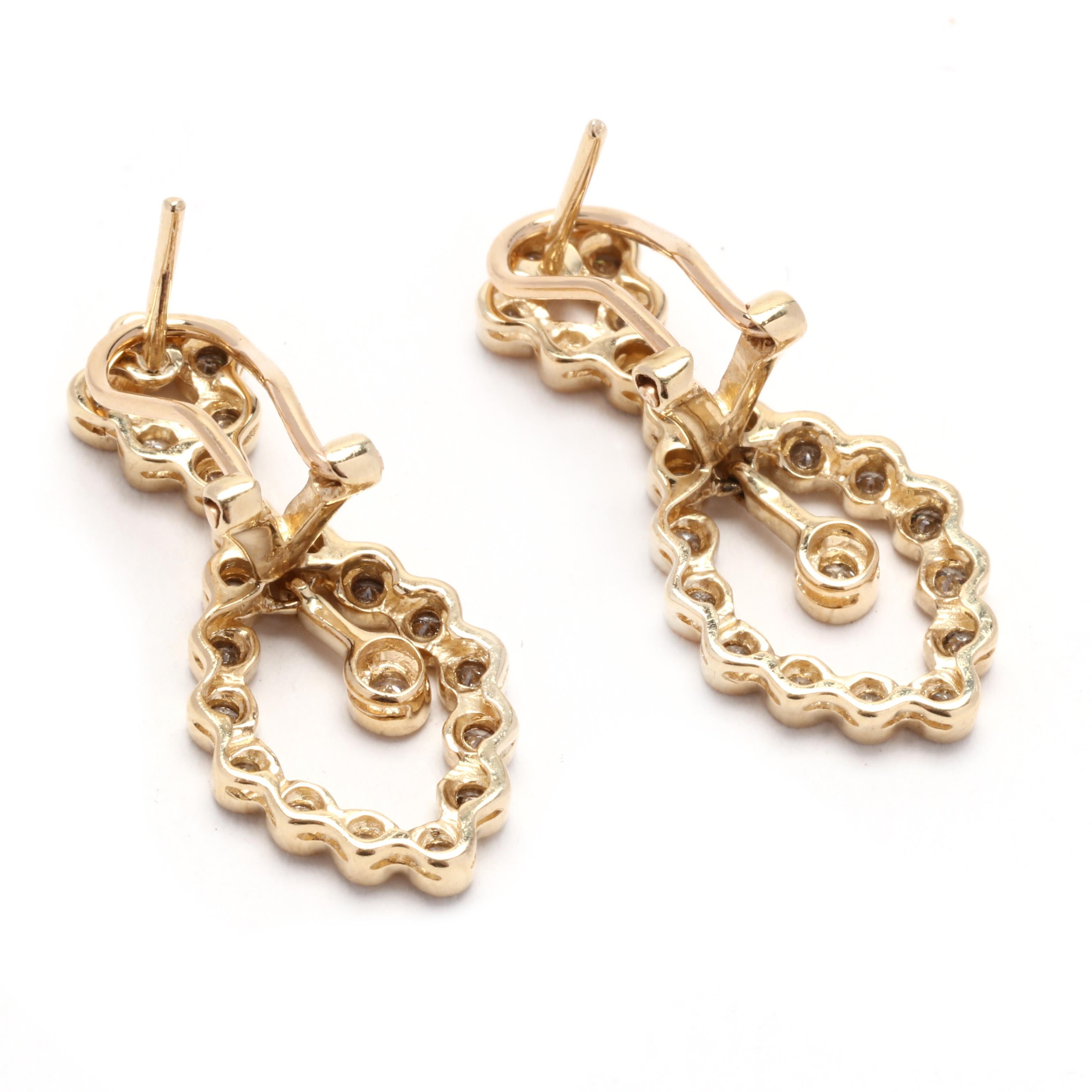 Brilliant Cut 0.75ctw Diamond Dangle Earrings, 14K Yellow Gold, Length 1 inch, Diamond Cluster For Sale
