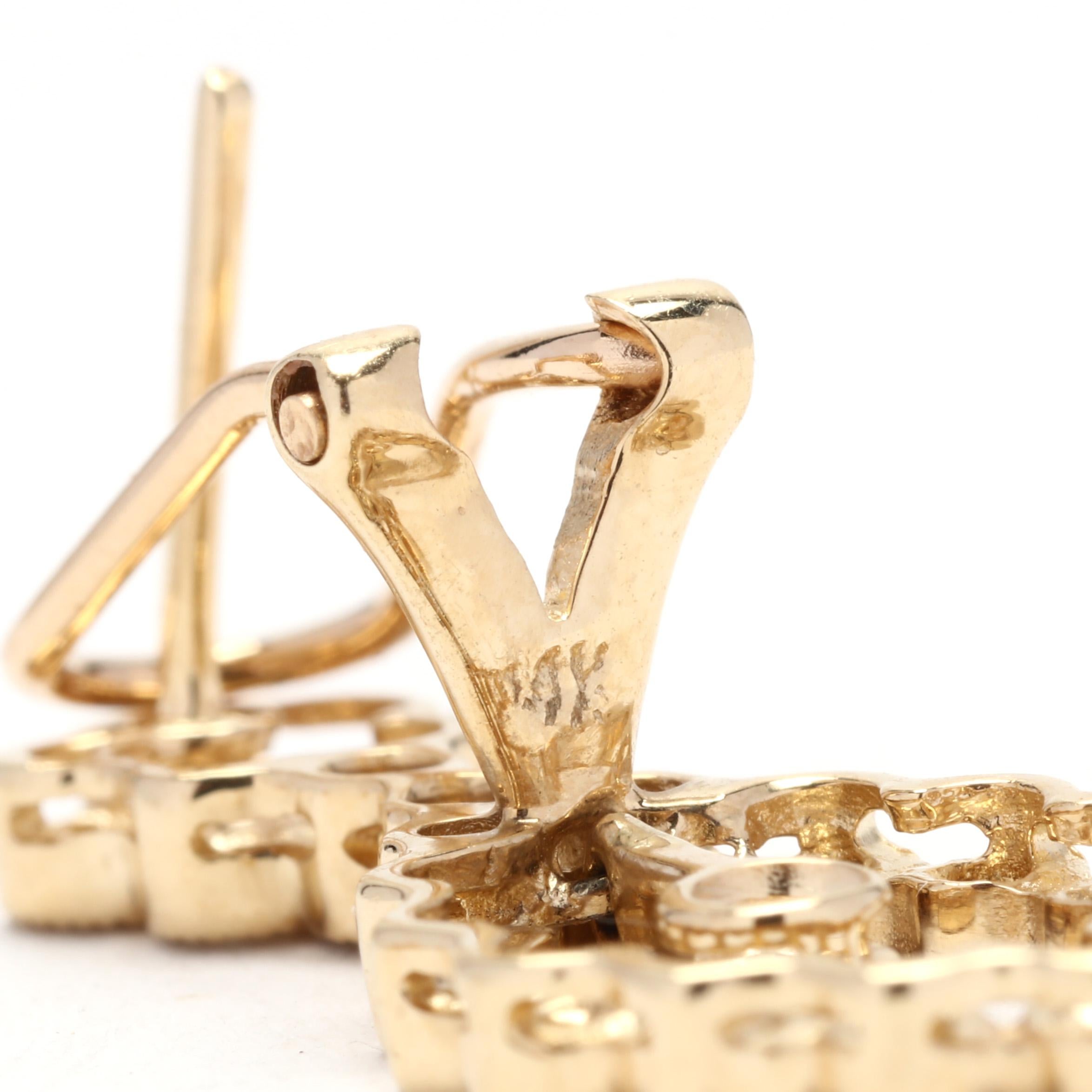 Women's or Men's 0.75ctw Diamond Dangle Earrings, 14K Yellow Gold, Length 1 inch, Diamond Cluster For Sale