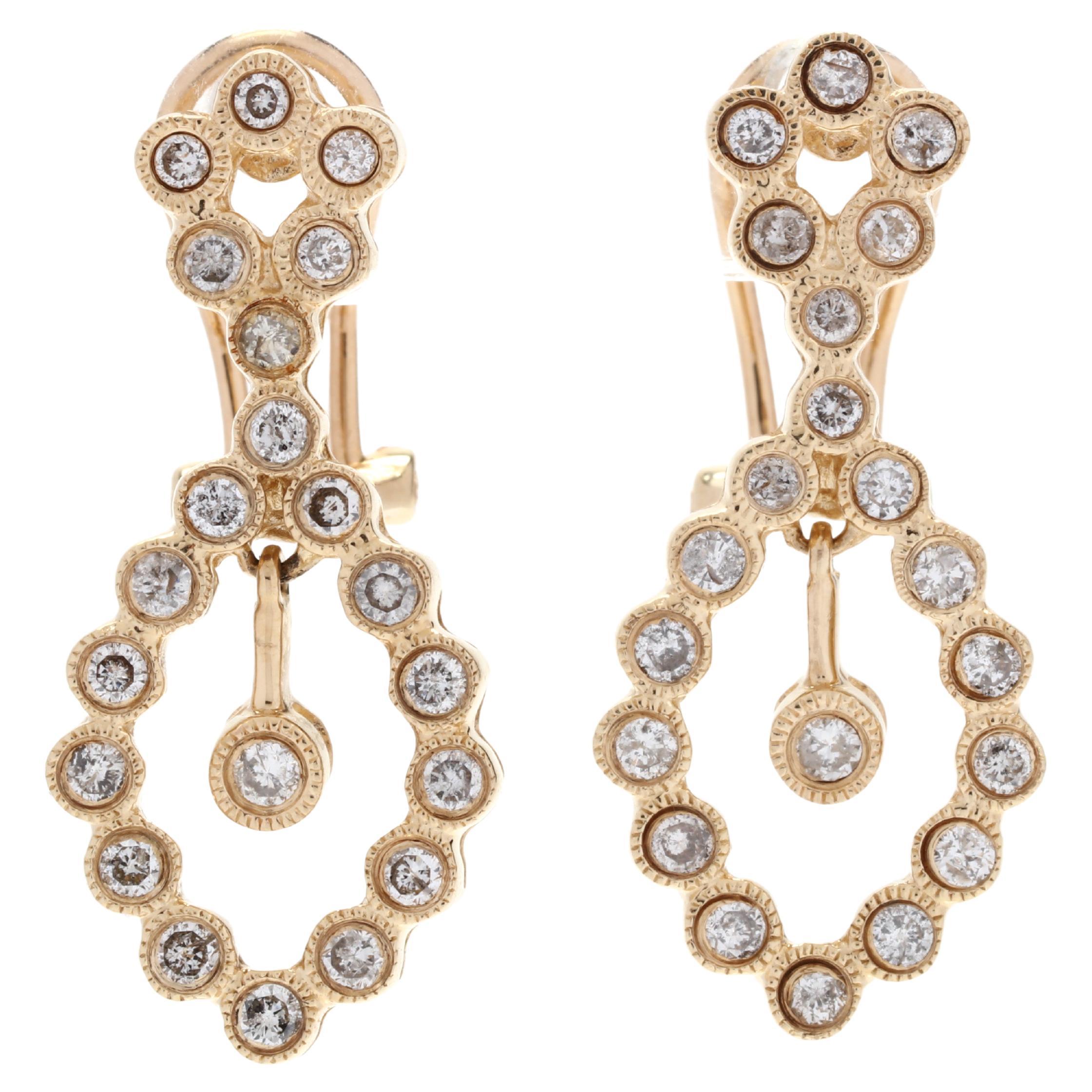 0.75ctw Diamond Dangle Earrings, 14K Yellow Gold, Length 1 inch, Diamond Cluster For Sale