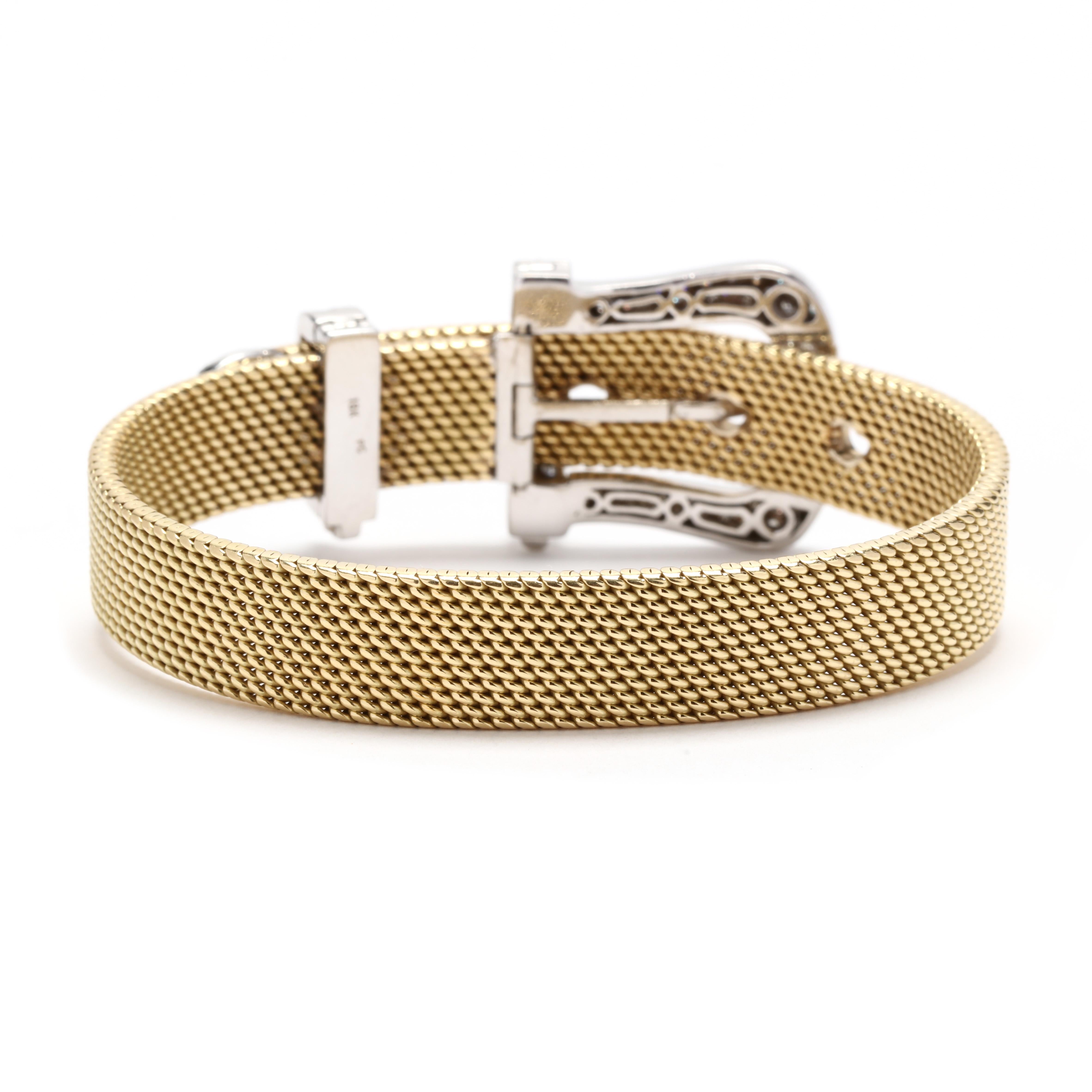 Round Cut 0.75ctw Diamond Mesh Buckle Bracelet, 18K Yellow Gold, Length 7.75 Inch, Unique For Sale