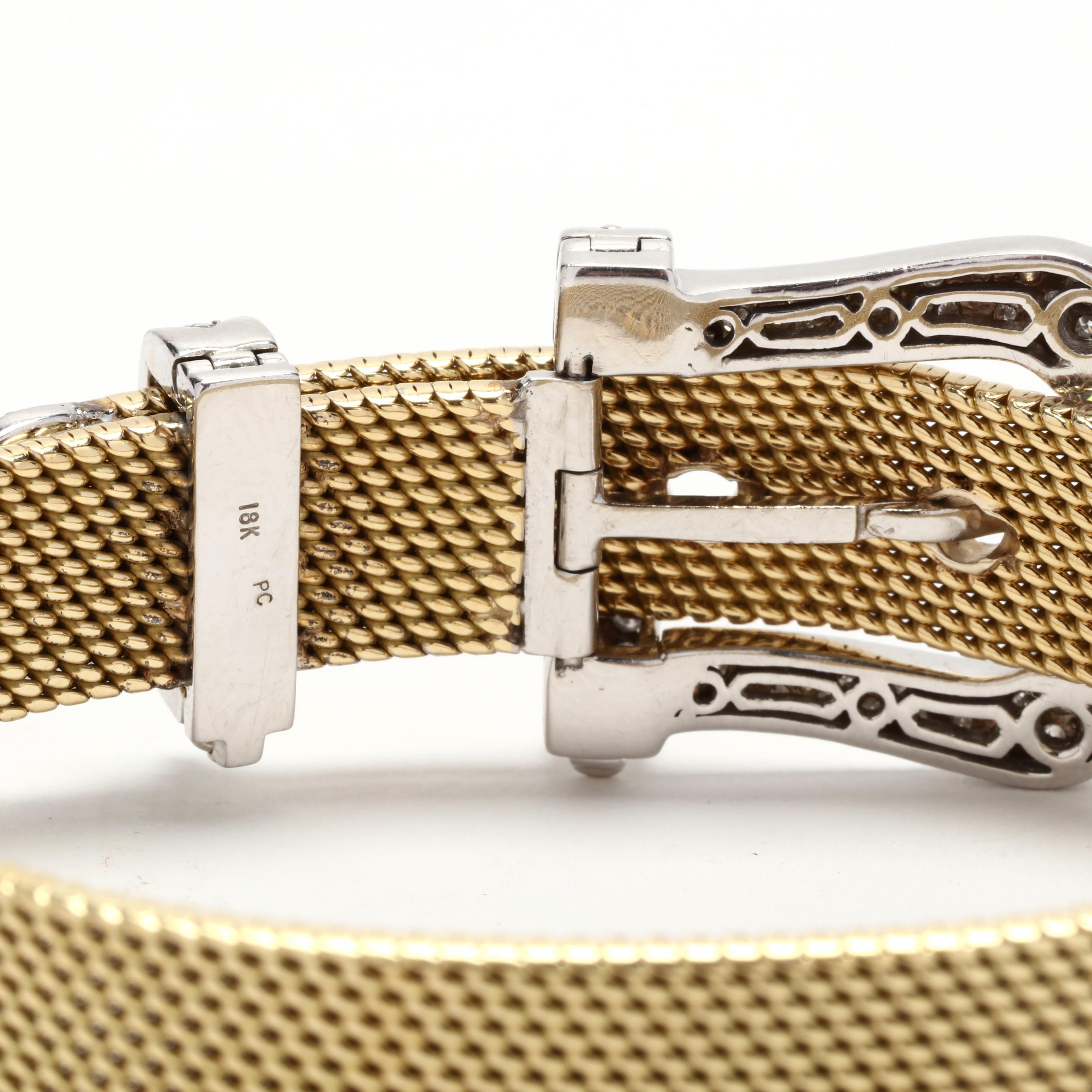 0.75ctw Diamond Mesh Buckle Bracelet, 18K Yellow Gold, Length 7.75 Inch, Unique In Good Condition For Sale In McLeansville, NC