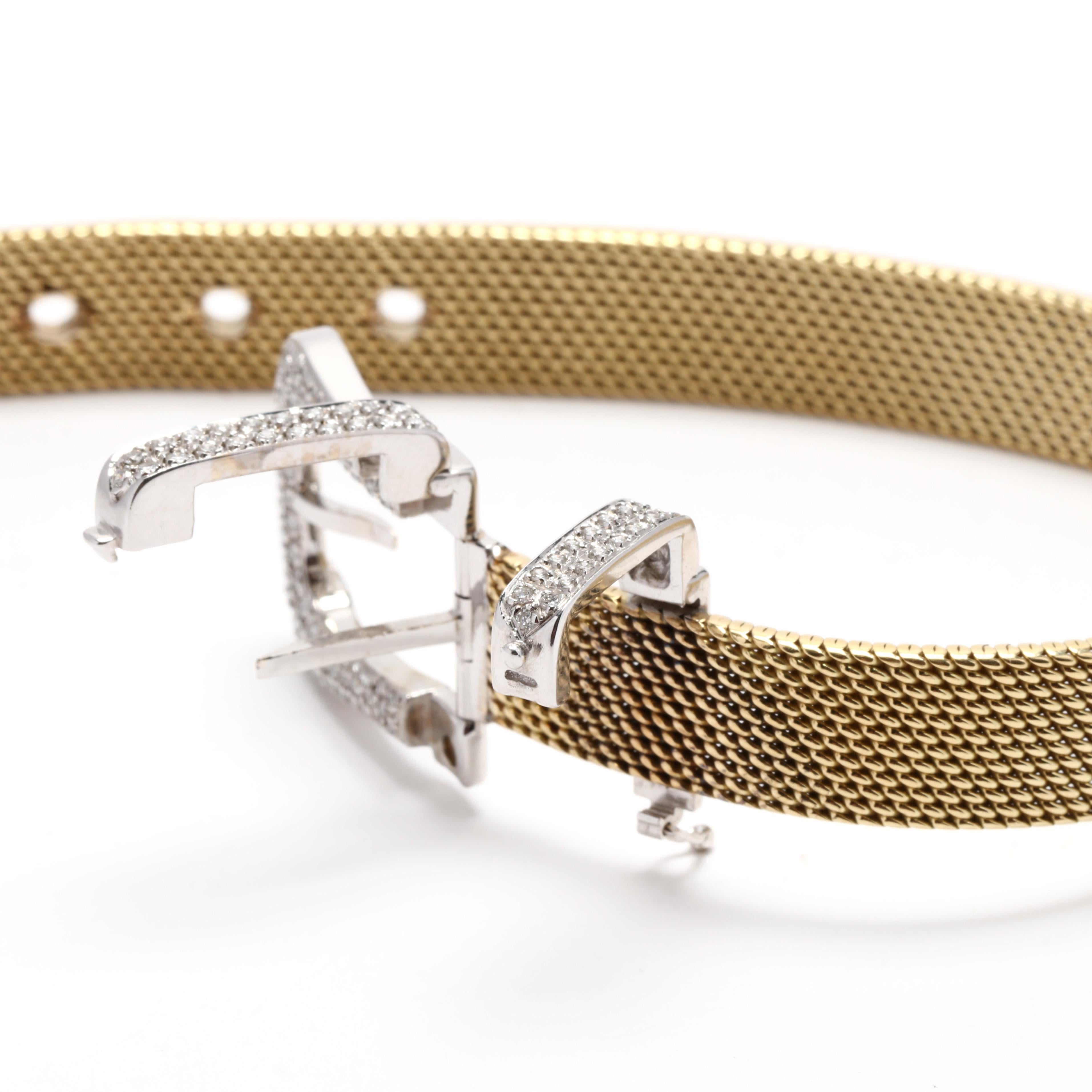Women's or Men's 0.75ctw Diamond Mesh Buckle Bracelet, 18K Yellow Gold, Length 7.75 Inch, Unique For Sale