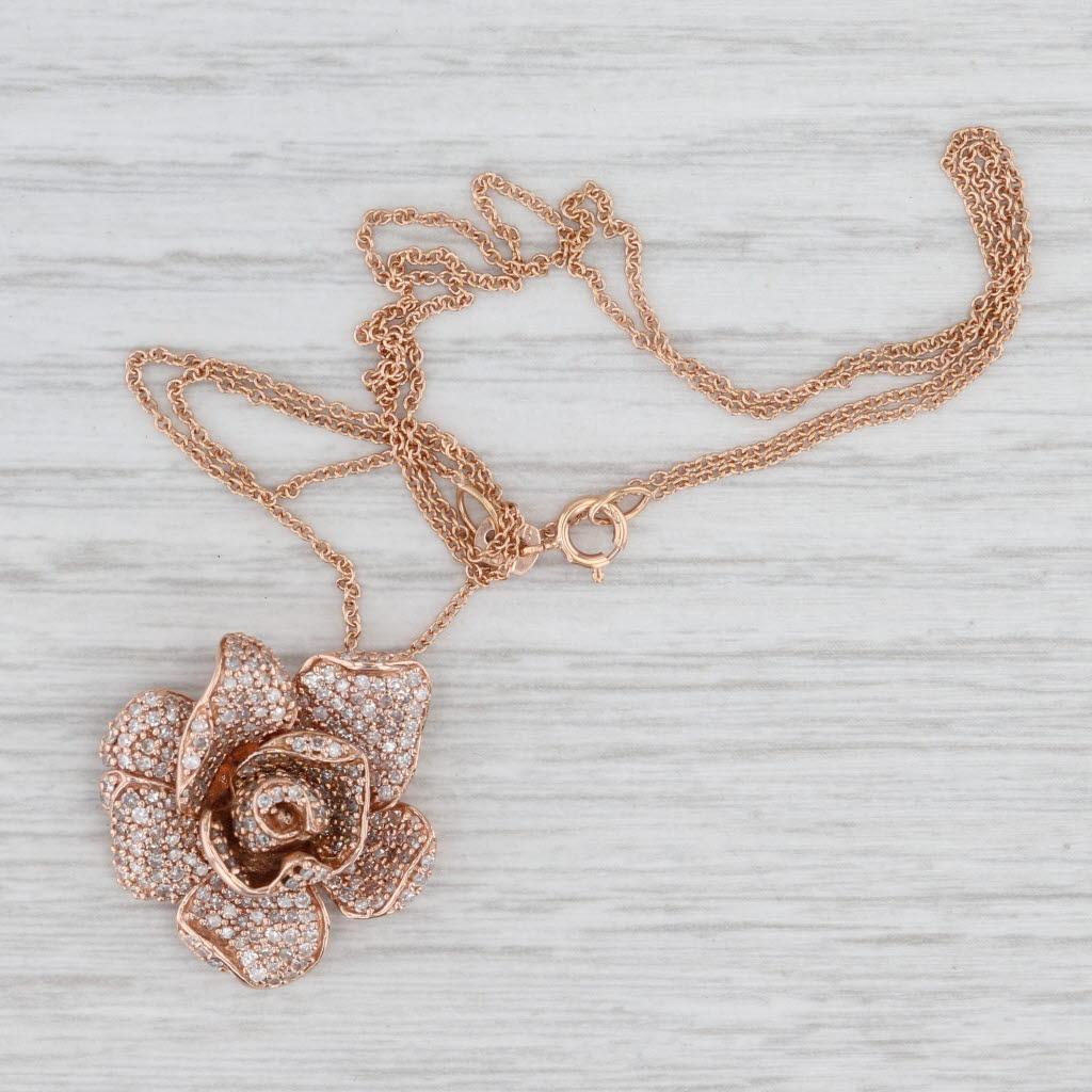 da uomo o donna Collana con ciondolo a forma di fiore di rosa con diamante da 0,75ctw in oro rosa 14k con catena a cavo da 18,25