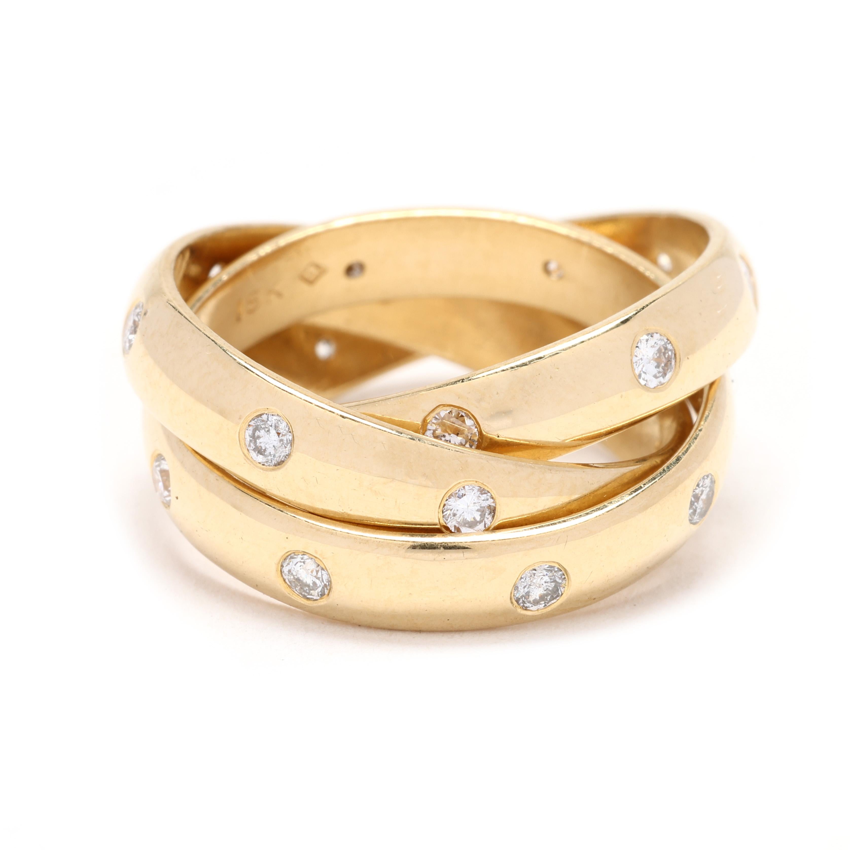 Rehaussez votre collection de bijoux avec cette superbe bague à anneaux superposés en or jaune et diamant de 0,75ctw. Réalisée en or 18k luxueux, cette bague accrocheuse présente un anneau empilé unique orné de diamants étincelants, créant un look