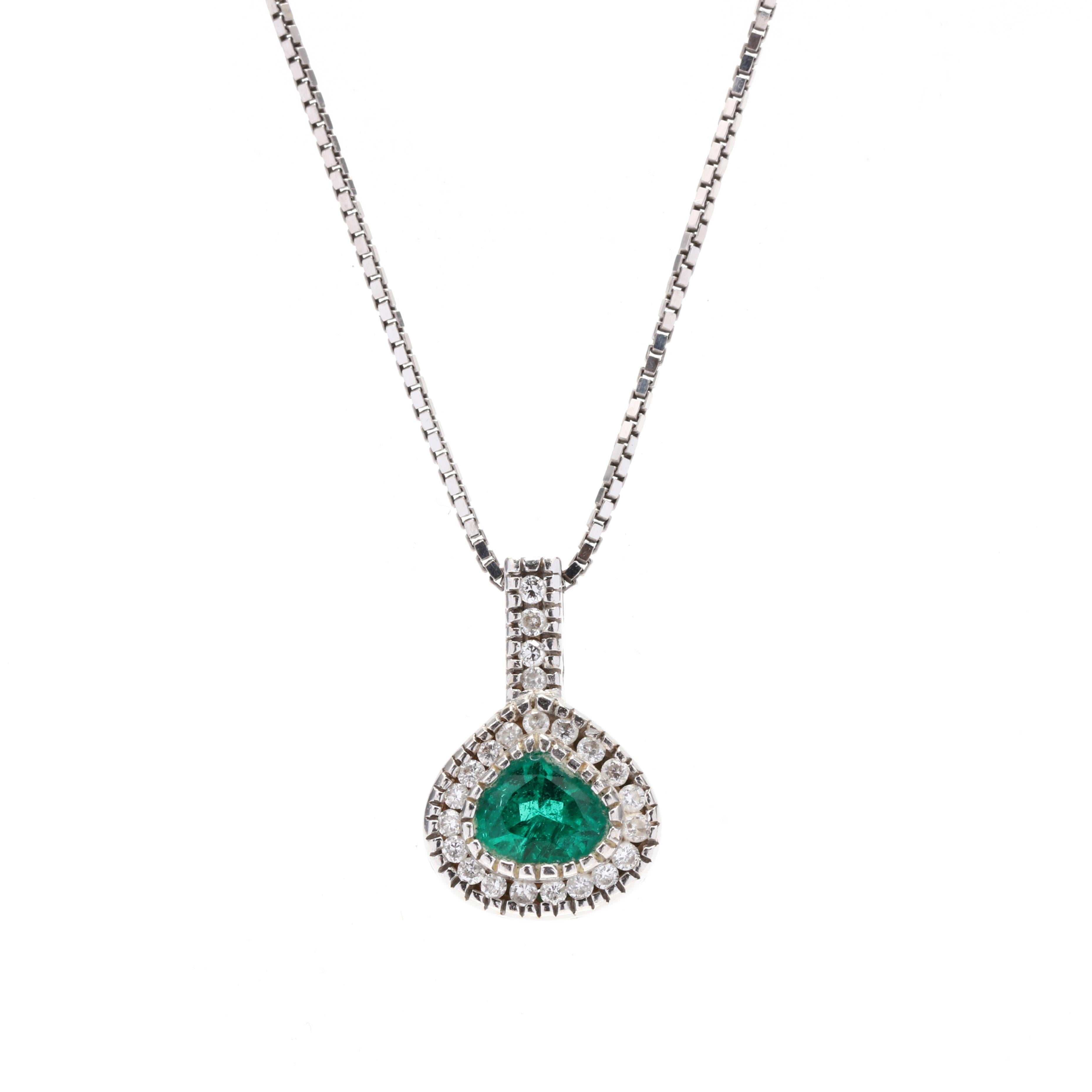 0.75ctw Pear Emerald Diamond Halo Pendant Necklace, 18K White Gold, Length 16.25