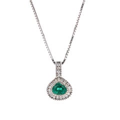 0.75ctw Pear Emerald Diamond Halo Pendant Necklace, 18K White Gold, Length 16.25