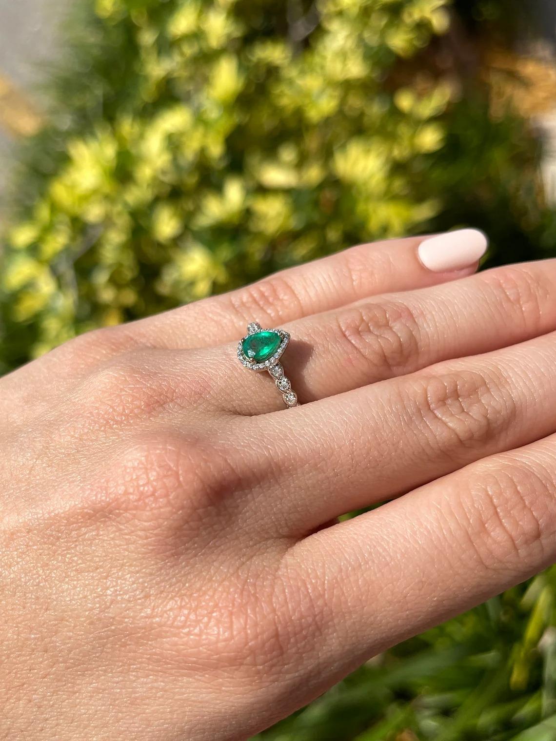 Modern 0.75tcw 14K Colombian Emerald-Pear Cut & Diamond Accent Band Engagement Ring For Sale