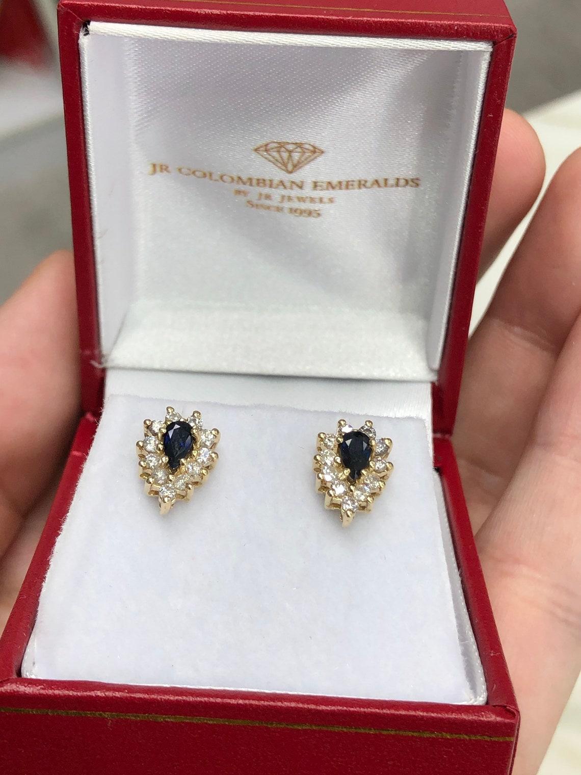 Women's 0.75tcw Sapphire Earrings Pear Cut Halo Studs in 18K Gold Natural Sapphire Halo For Sale