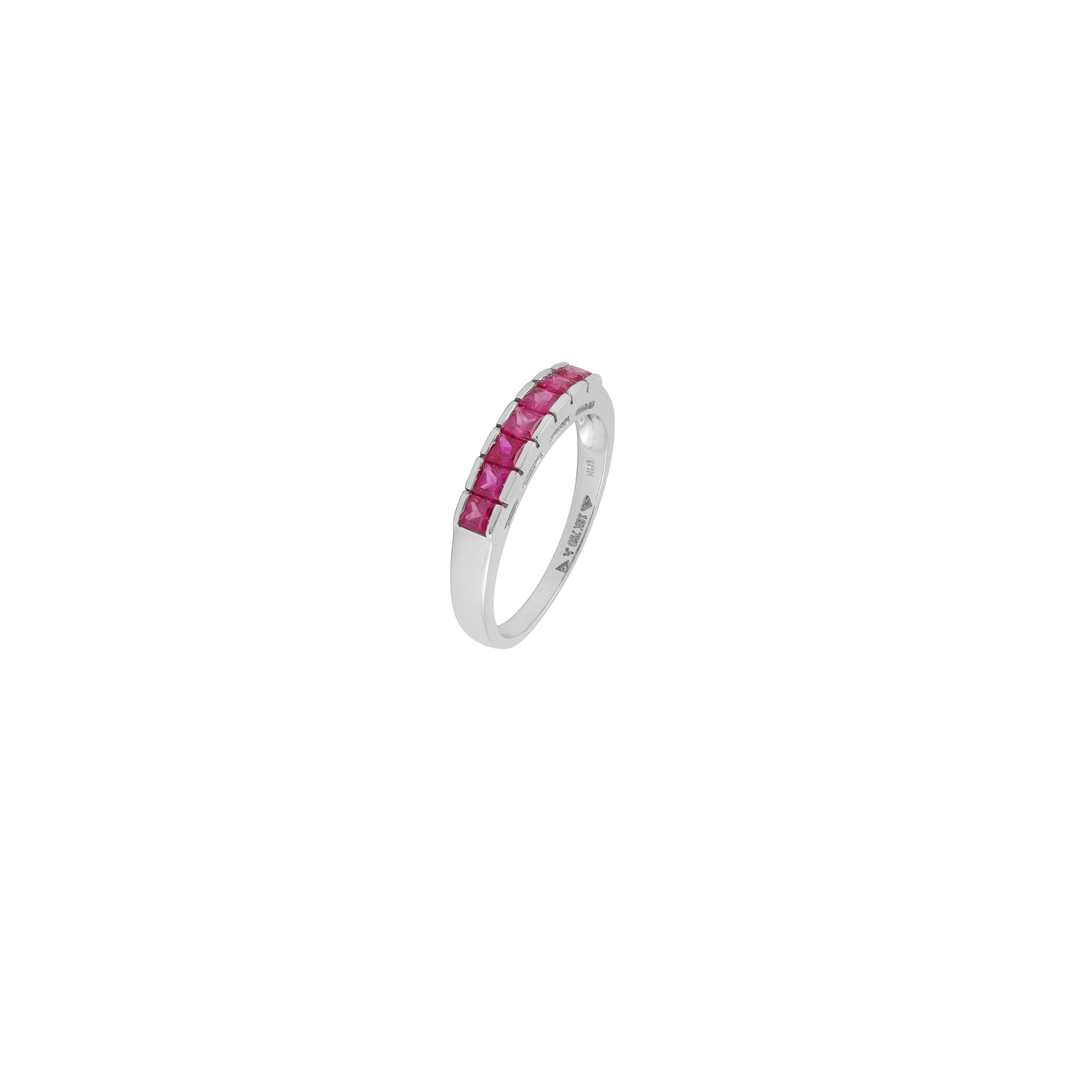 Square Cut 0.76 Carat Clear Ruby Half Band in 18k Gold For Sale