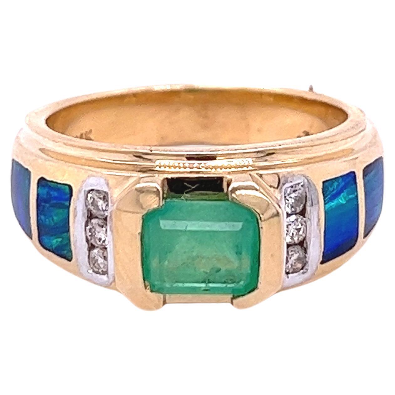 0.76 Carat Colombian Emerald and Inlaid Opal 14k Yellow Gold Ring For Sale