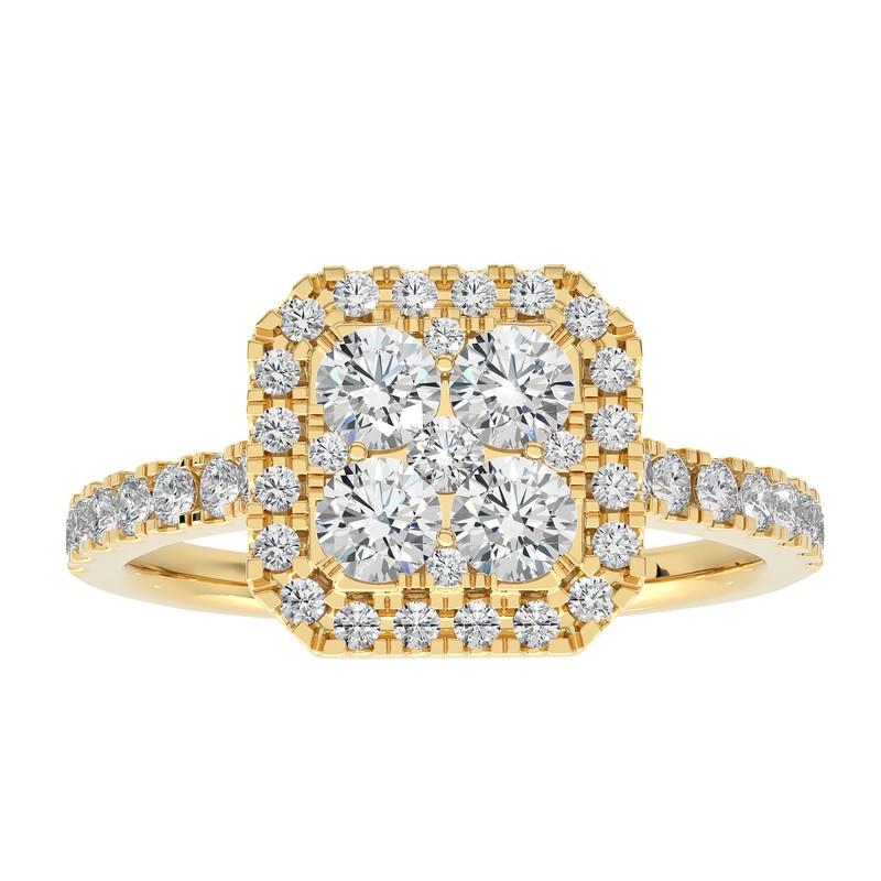 Taille ronde Bague grappe coussin Moonlight en or jaune 14 carats avec diamants de 0,76 carat en vente
