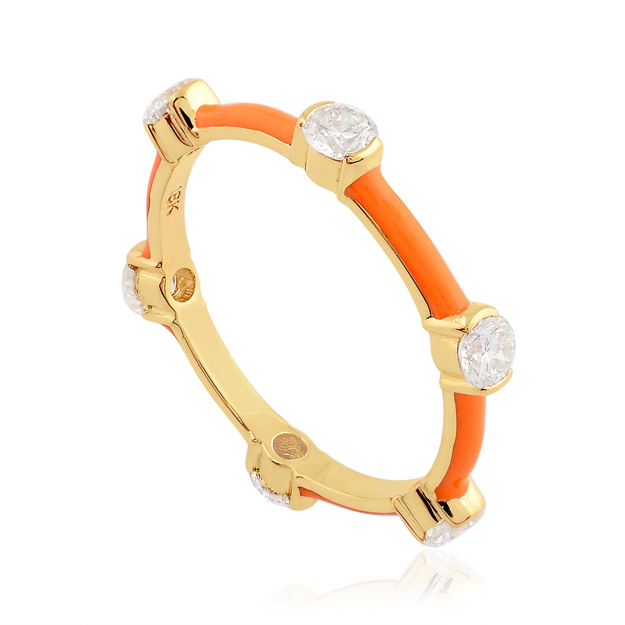 For Sale:  0.76 Carat Diamond Orange Enamel Band Ring Solid 18k Yellow Gold Fine Jewelry 2