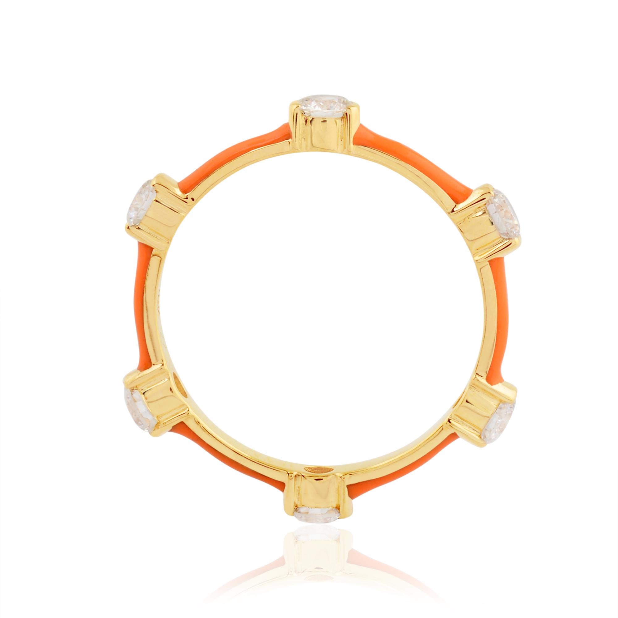 For Sale:  0.76 Carat Diamond Orange Enamel Band Ring Solid 18k Yellow Gold Fine Jewelry 3
