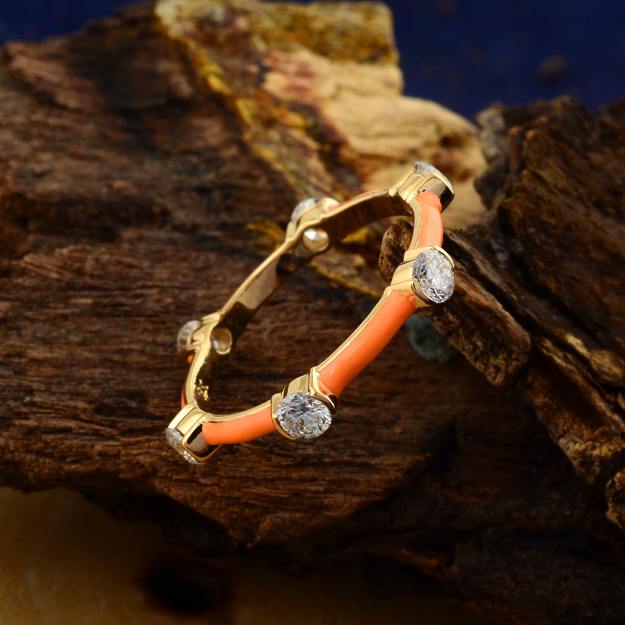 For Sale:  0.76 Carat Diamond Orange Enamel Band Ring Solid 18k Yellow Gold Fine Jewelry 4