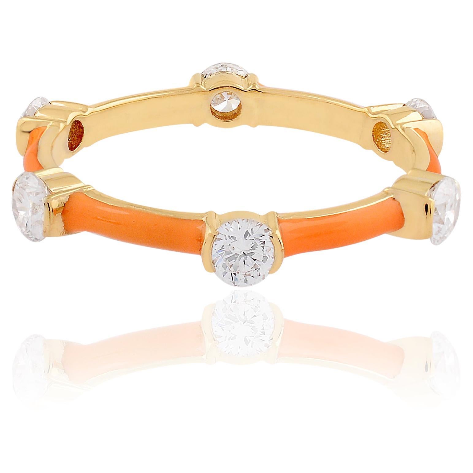 Bague jonc en or jaune 18 carats massif avec émail orange et diamants de 0,76 carat, bijouterie fine