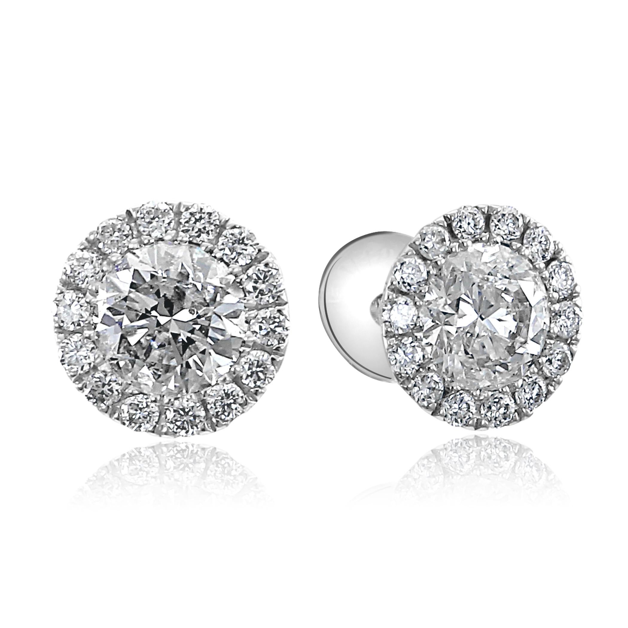 Contemporary 0.76 Carat Diamond Round Halo Martini Style Stud Earring 14 Karat White Gold